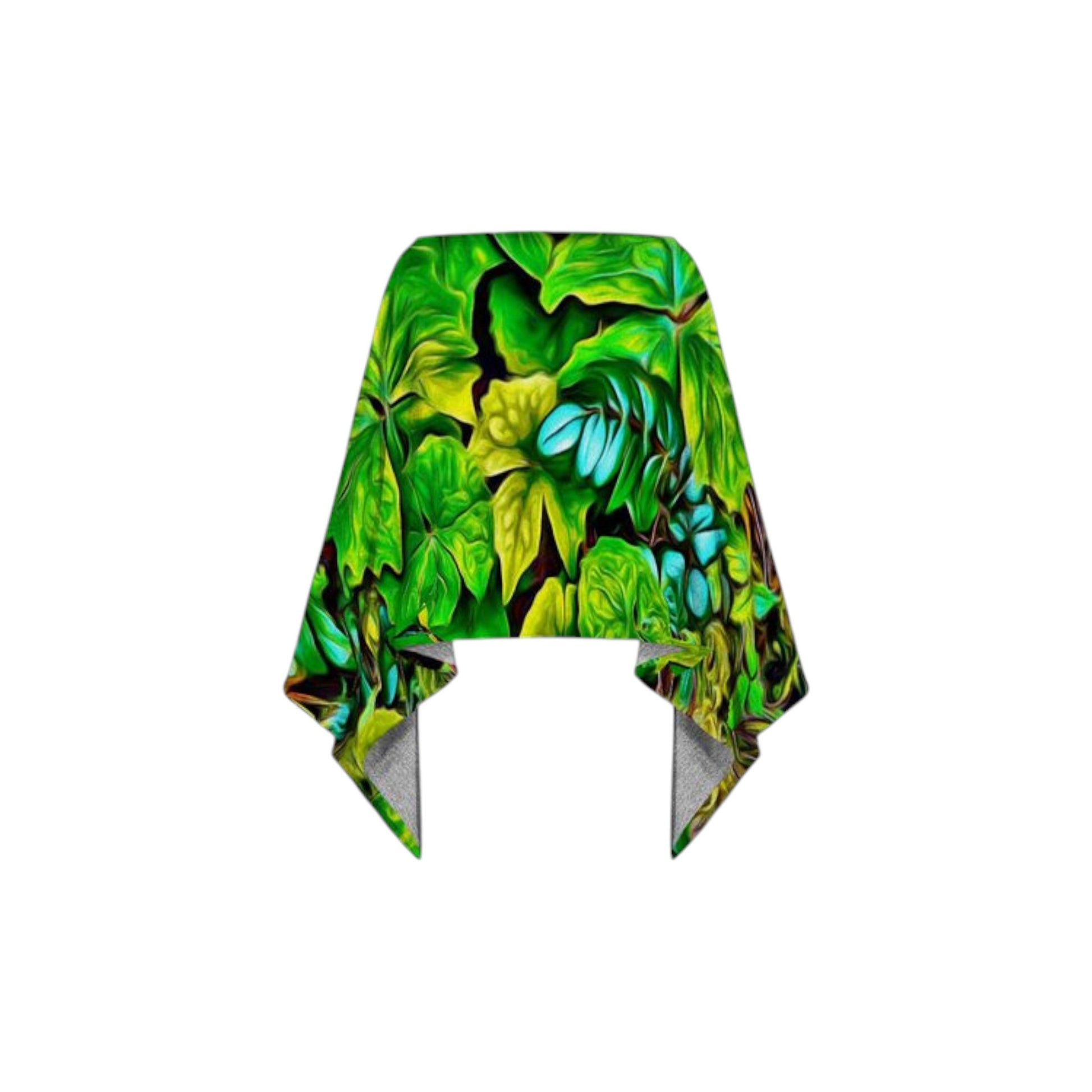 All over print poncho with image of spring green emerging from the forest floor at Cathedral Grove.