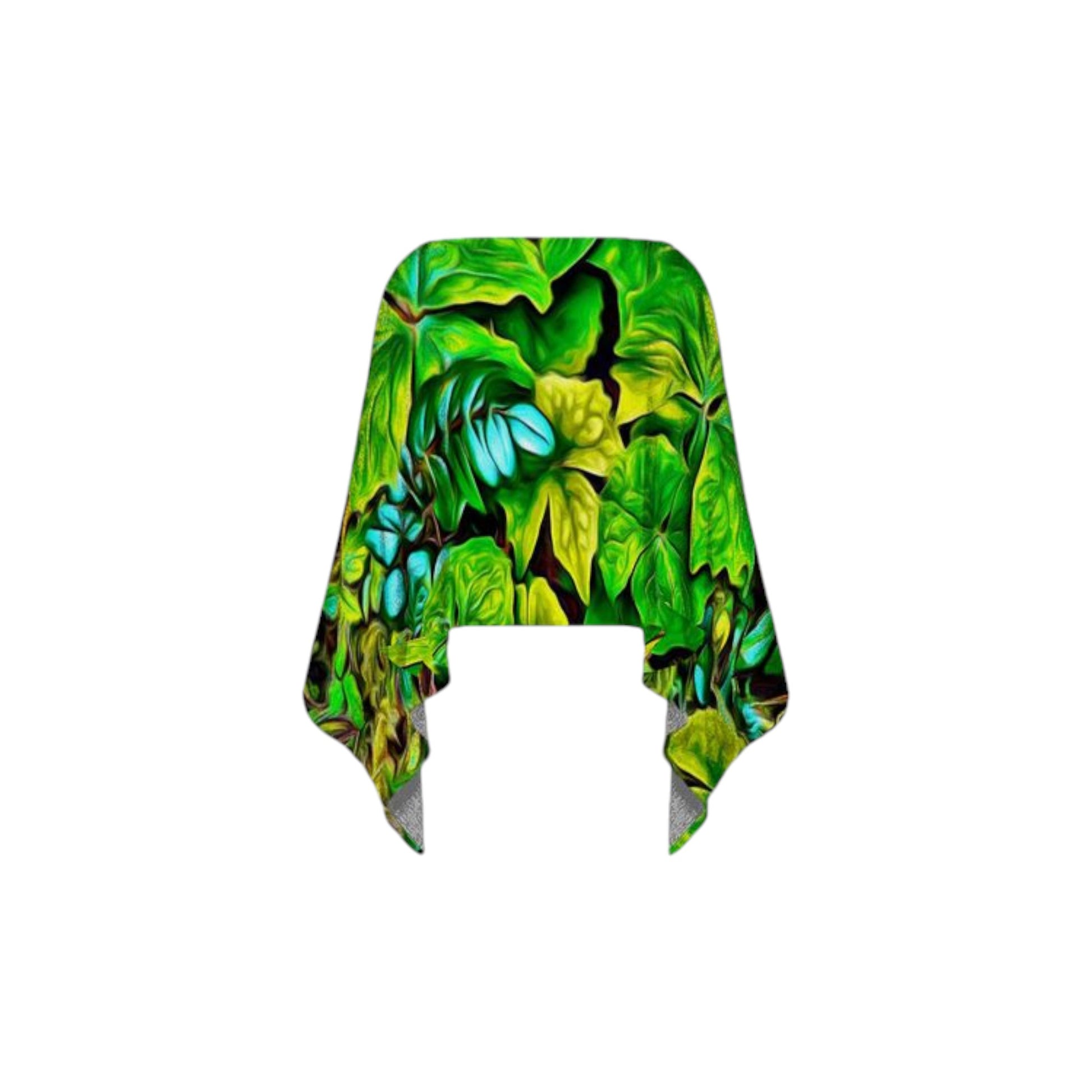 All over print poncho with image of spring green emerging from the forest floor at Cathedral Grove.