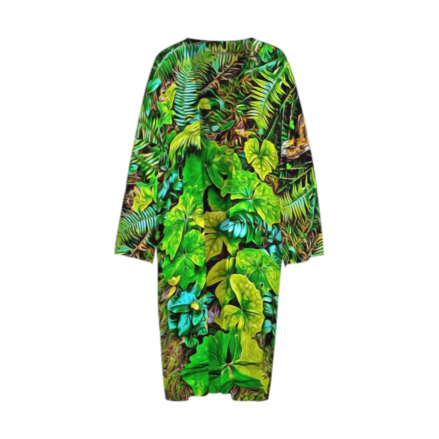 All over print long sleeve kimono wrap featuring spring green leaves.