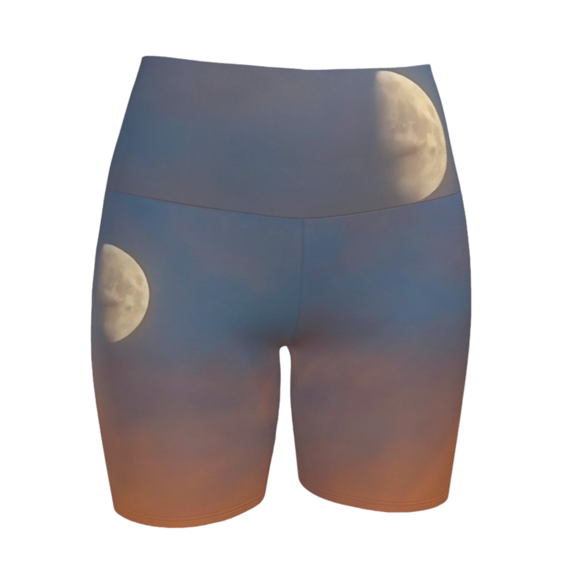 Front side of the full moon yoga shorts. Featuring a image of the full moon .