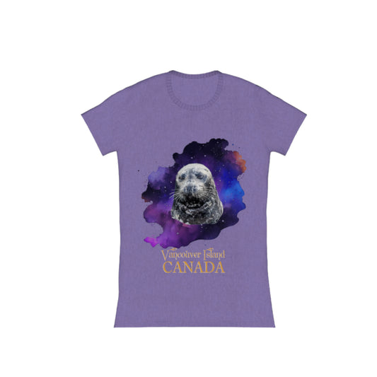 I Love Lucy Vancouver Island Canada Comfort Slim Fit T-Shirt. The image is of a harbour seal with a colorful blue, purple abstract background.  by vanislegoddess.com