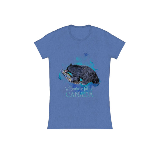 Salmon Bear Vancouver Island Canada Comfort Slim Fit T-shirt  The image is of a bear with a fresh caught salmon in its mouth with a ocean blue abstract background.