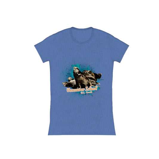 What's Up? Sea Lions Vancouver Island BC Canada Comfort Slim Fit T-shirt. The image is of a group of sea lions on a log raft.  The words read Vancouver Island BC Canada