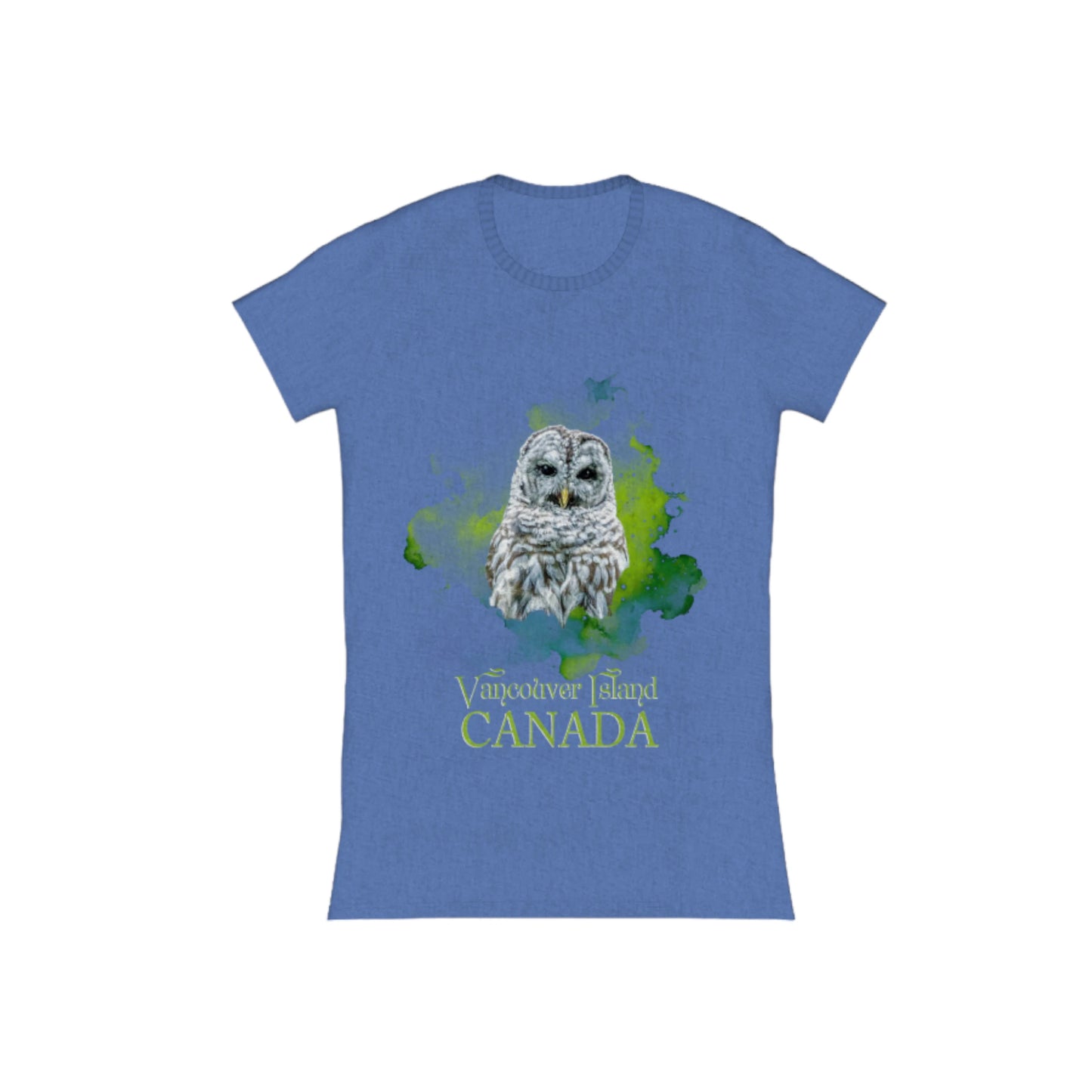 Wise Owl Vancouver Island Canada Comfort Slim Fit T-shirt. the image is of a barred owl with a green abstract background. the words on the front read Vancouver Island Canada