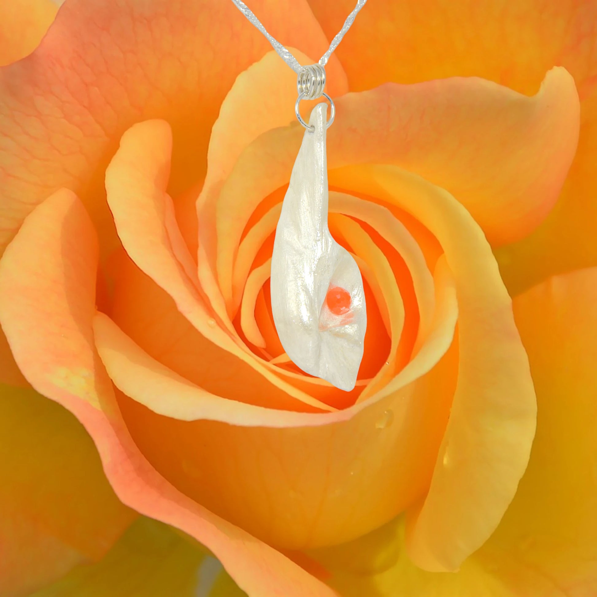 Tequila Sunrise natural seashell pendant a rose cut Carnelian gemstone. A beautiful orange rose is in the background.