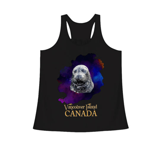 I Love Lucy Vancouver Island Canada Flow Racerback Tank Top.  The image on the front shows two sea lions on a abstract ocean blue background. By van isle goddess dot com