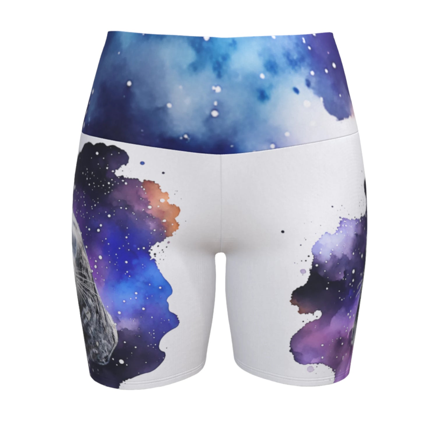 I Love Lucy Yoga shorts. All over print with a colourful celestial  abstract and a image of a harbour seal named Lucy.  The shorts are white with the image printed on it plus the band.