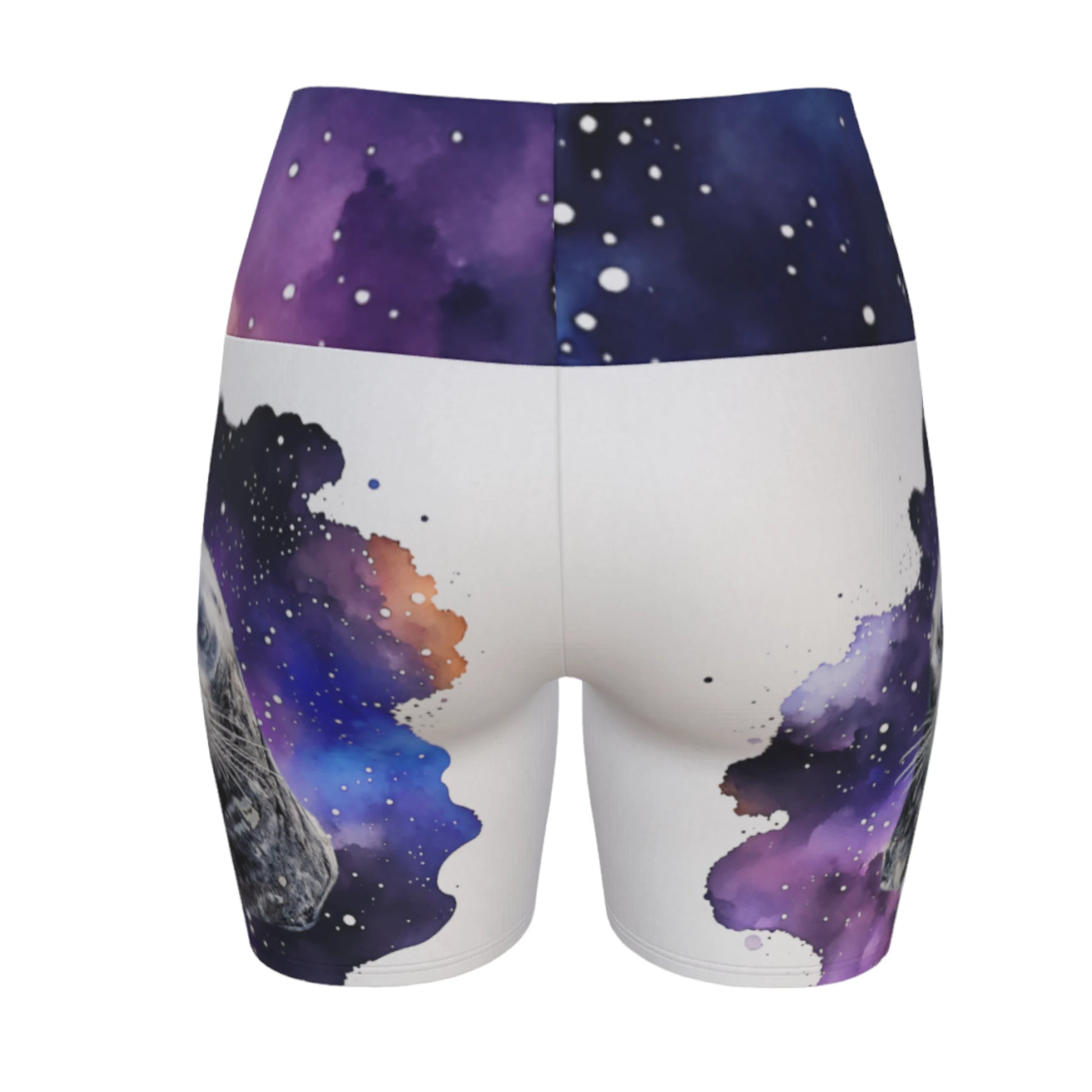 I Love Lucy Yoga shorts. All over print with a colourful celestial  abstract and a image of a harbour seal named Lucy.  The shorts are white with the image printed on it plus the band.