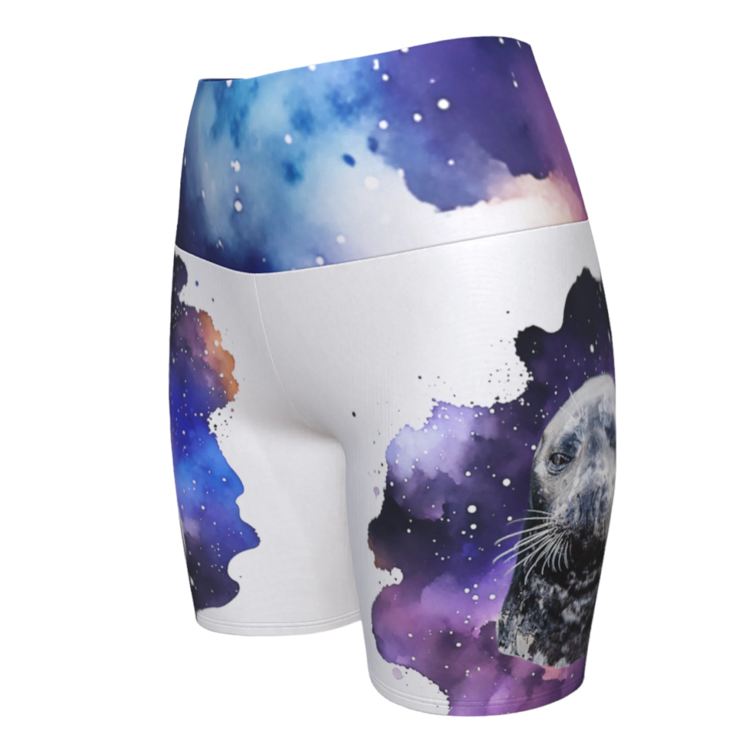 I Love Lucy Yoga shorts. All over print with a colourful celestial  abstract and a image of a harbour seal named Lucy.  The shorts are white with the image printed on it plus the band.