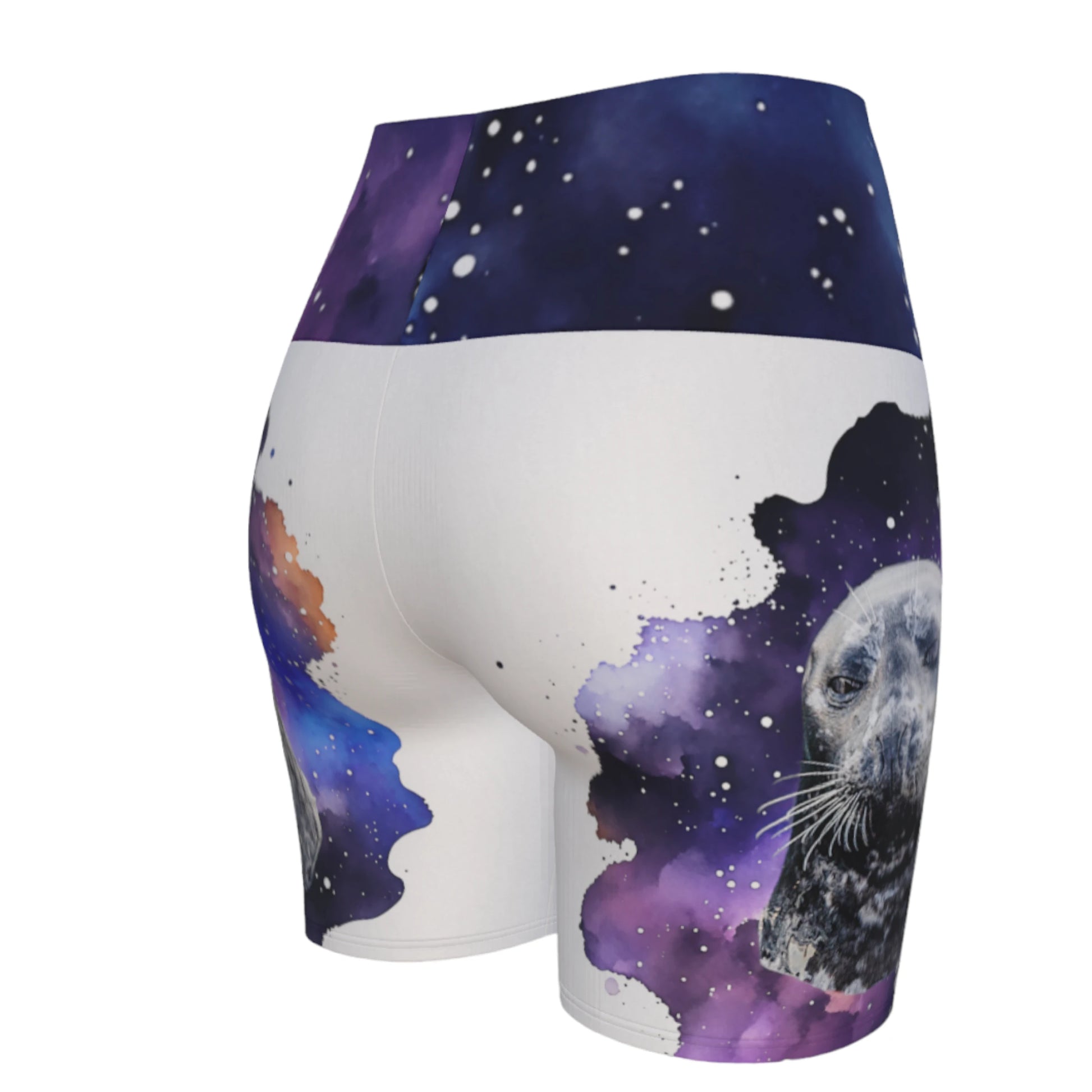 I Love Lucy Yoga shorts. All over print with a colourful celestial  abstract and a image of a harbour seal named Lucy.  The shorts are white with the image printed on it plus the band.