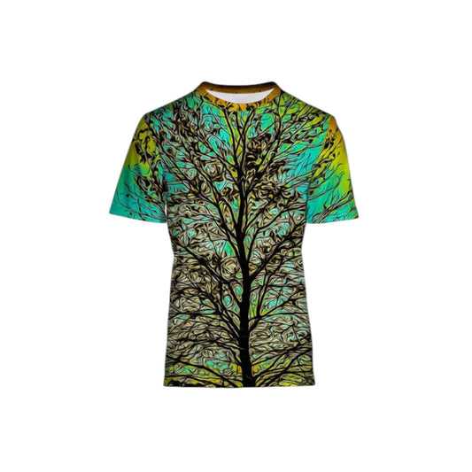 All over printed men's Vancouver Island T-shirt.  The image is of the top of a tall tree with the sun setting behind it. 