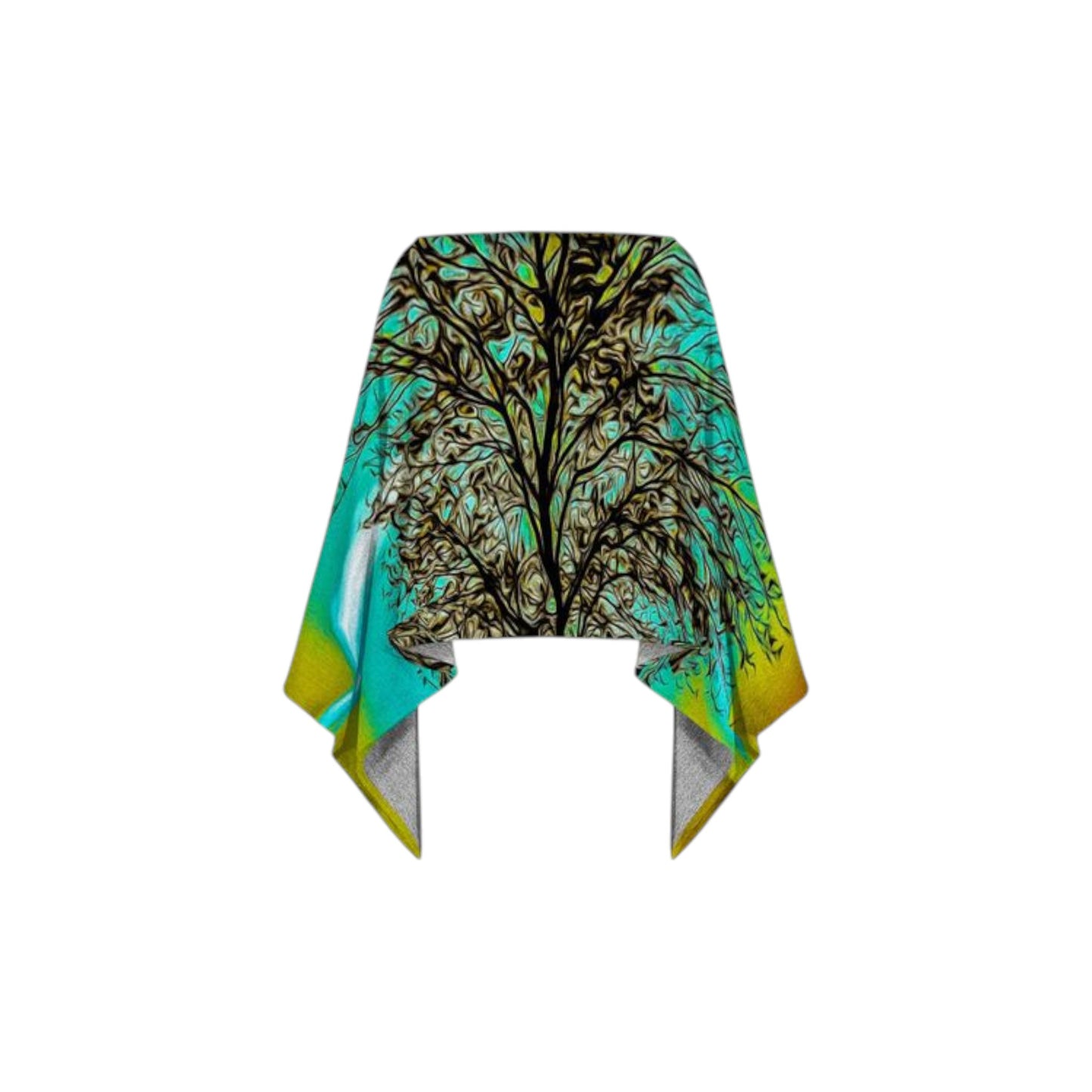 all over print poncho with an image of a tree with the sun setting behind it