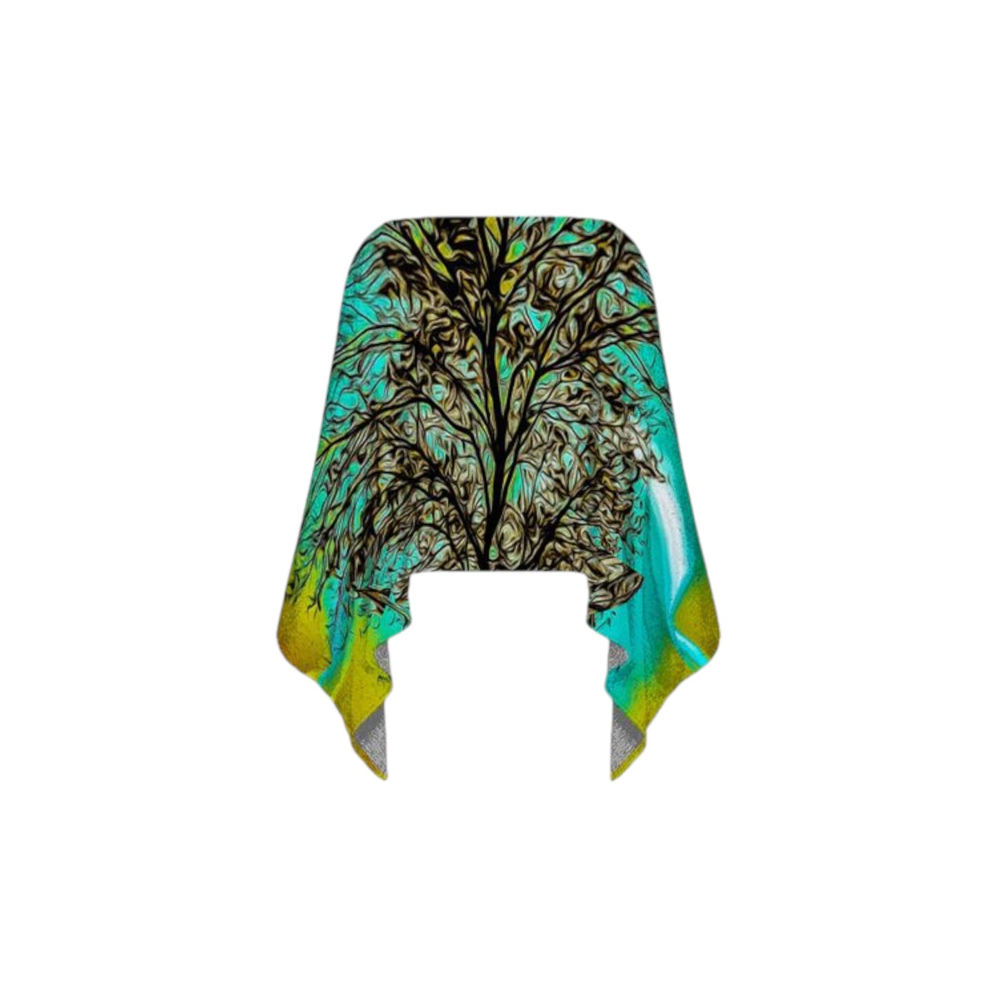 all over print poncho with an image of a tree with the sun setting behind it