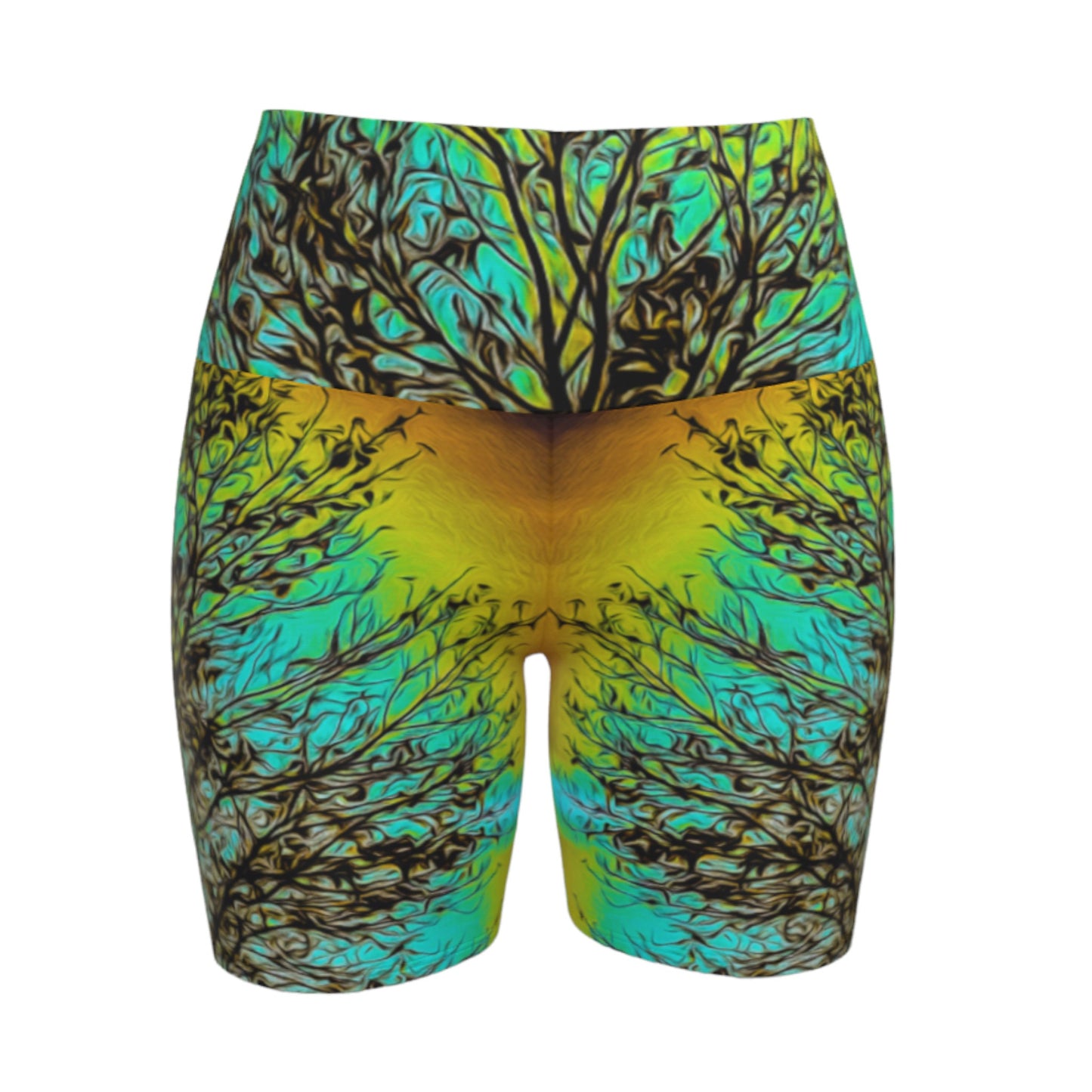 Island Tree of Life yoga shorts features an all over print.  the image is of a tree with a turquoise background.