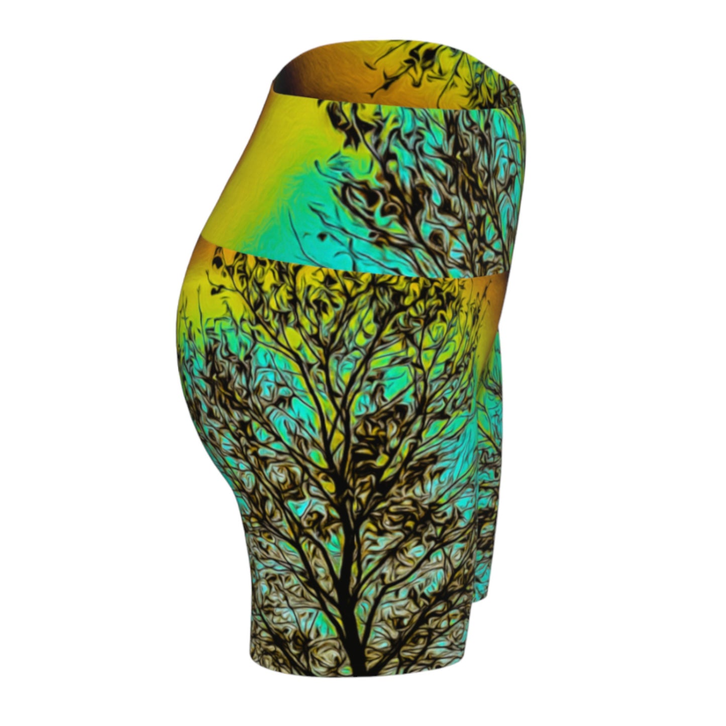 Island Tree of Life yoga shorts features an all over print.  the image is of a tree with a turquoise background.