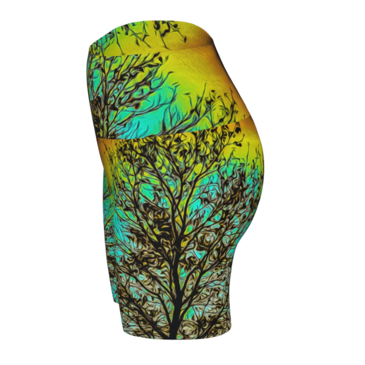 Island Tree of Life yoga shorts features an all over print.  the image is of a tree with a turquoise background.