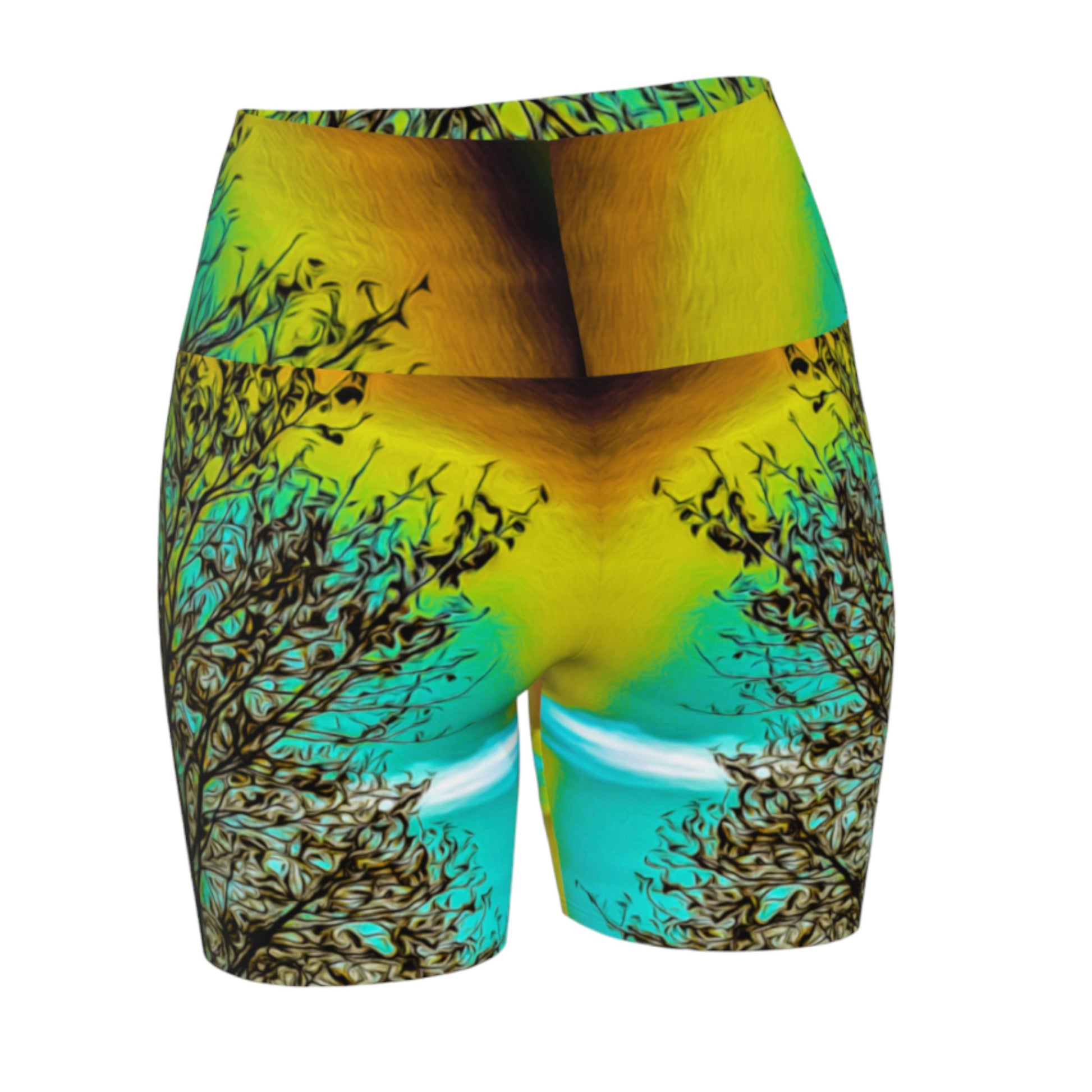 Island Tree of Life yoga shorts features an all over print.  the image is of a tree with a turquoise background.