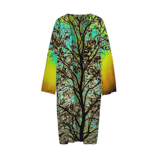 All over print long sleeve kimono featuring a tree with turquoise background.