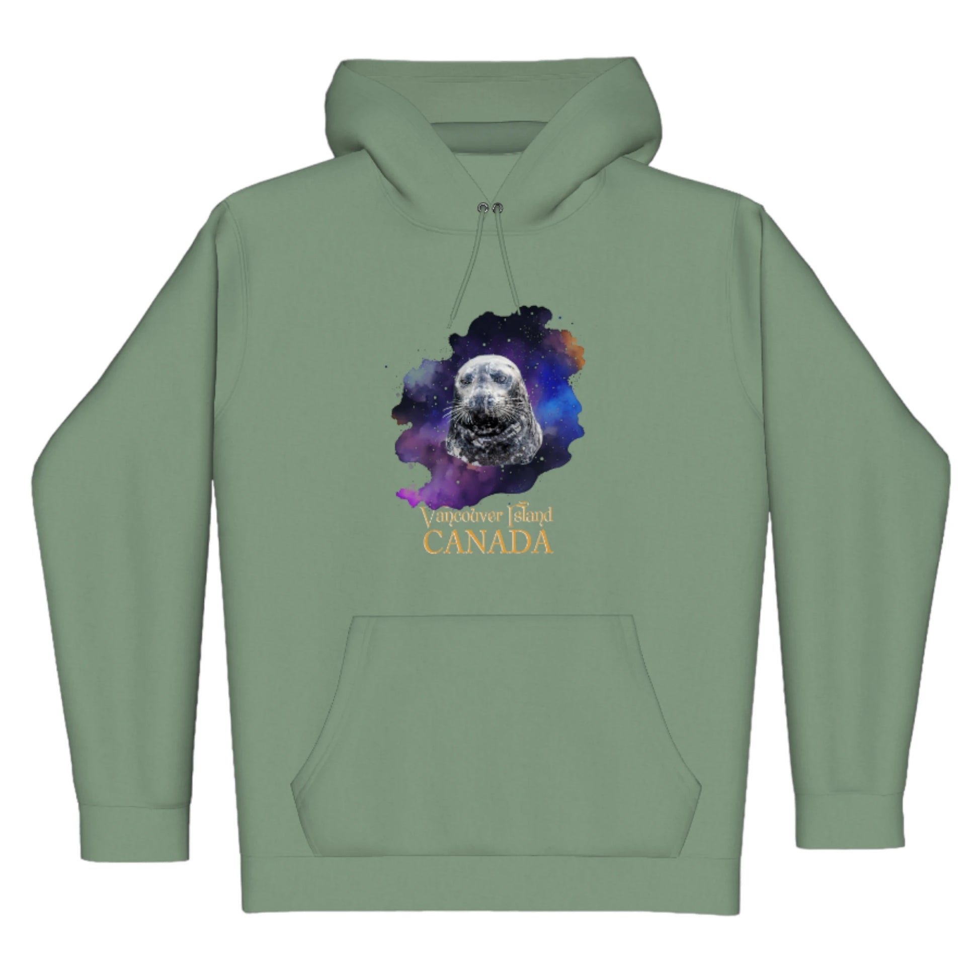 I Love Lucy Vancouver Island Canada Premium Pullover Hoodie. The image is of a harbour seal with a colourful abstract background.  The words read Vancouver Island Canada.