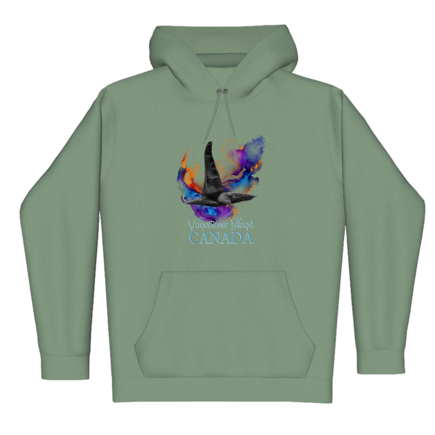 Orca Aura Vancouver Island Canada Premium Pullover Hoodie. The image is of male orca dorsal fin with a colourful abstract background.  The words read Vancouver Island Canada.