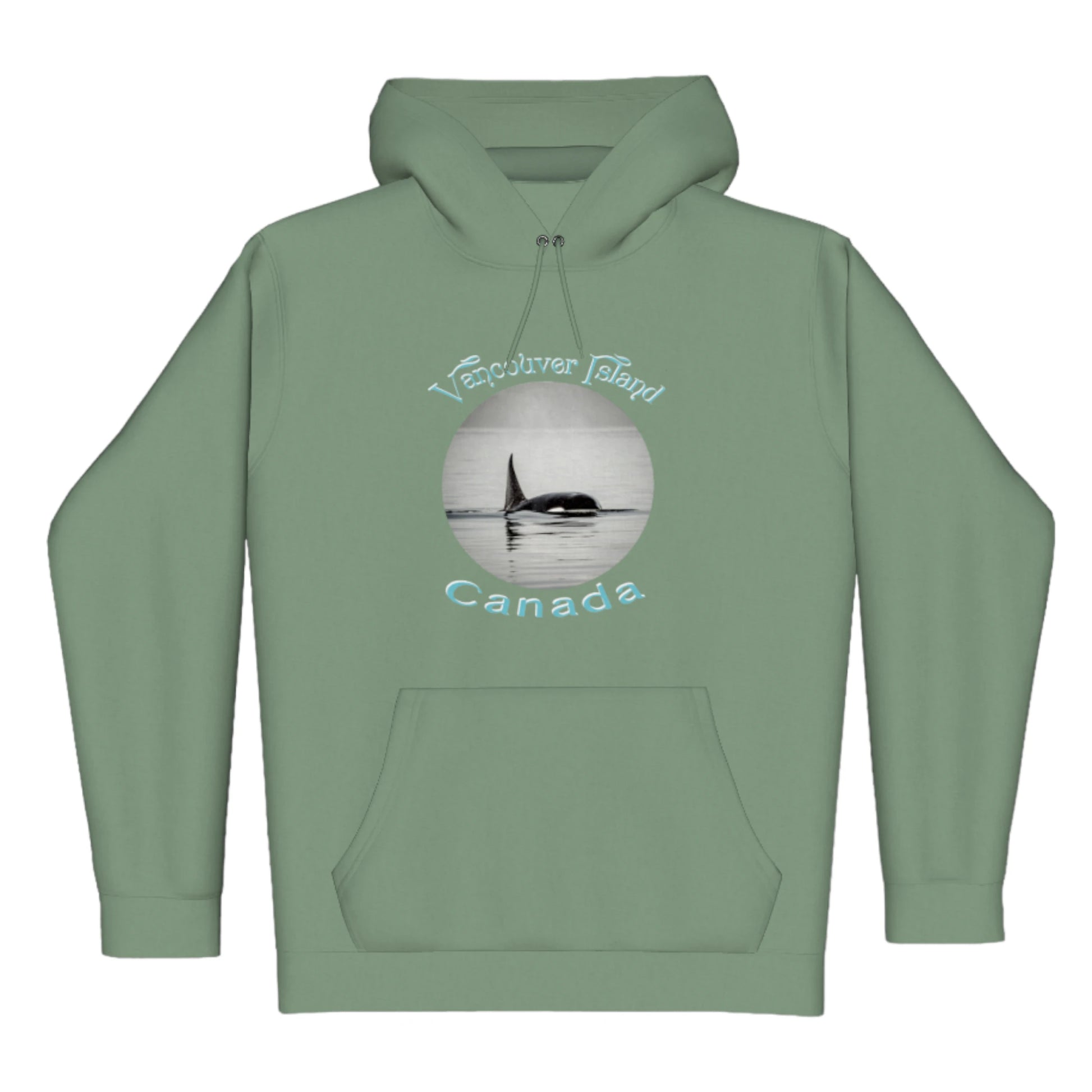 Orca Spray Vancouver Island Canada Premium Pullover Hoodie. The image is of a orca swimming in the Johnstone Strait. the words read Vancouver island Canada.