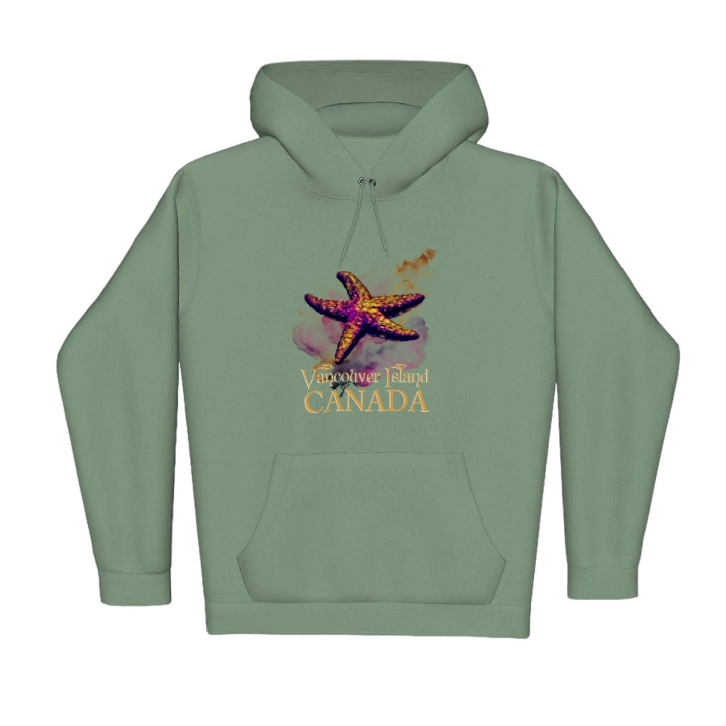 Star Track Vancouver Island Canada Premium Pullover Hoodie. The image is of a starfish with a colourful abstract background. The words read Vancouver Island Canada.