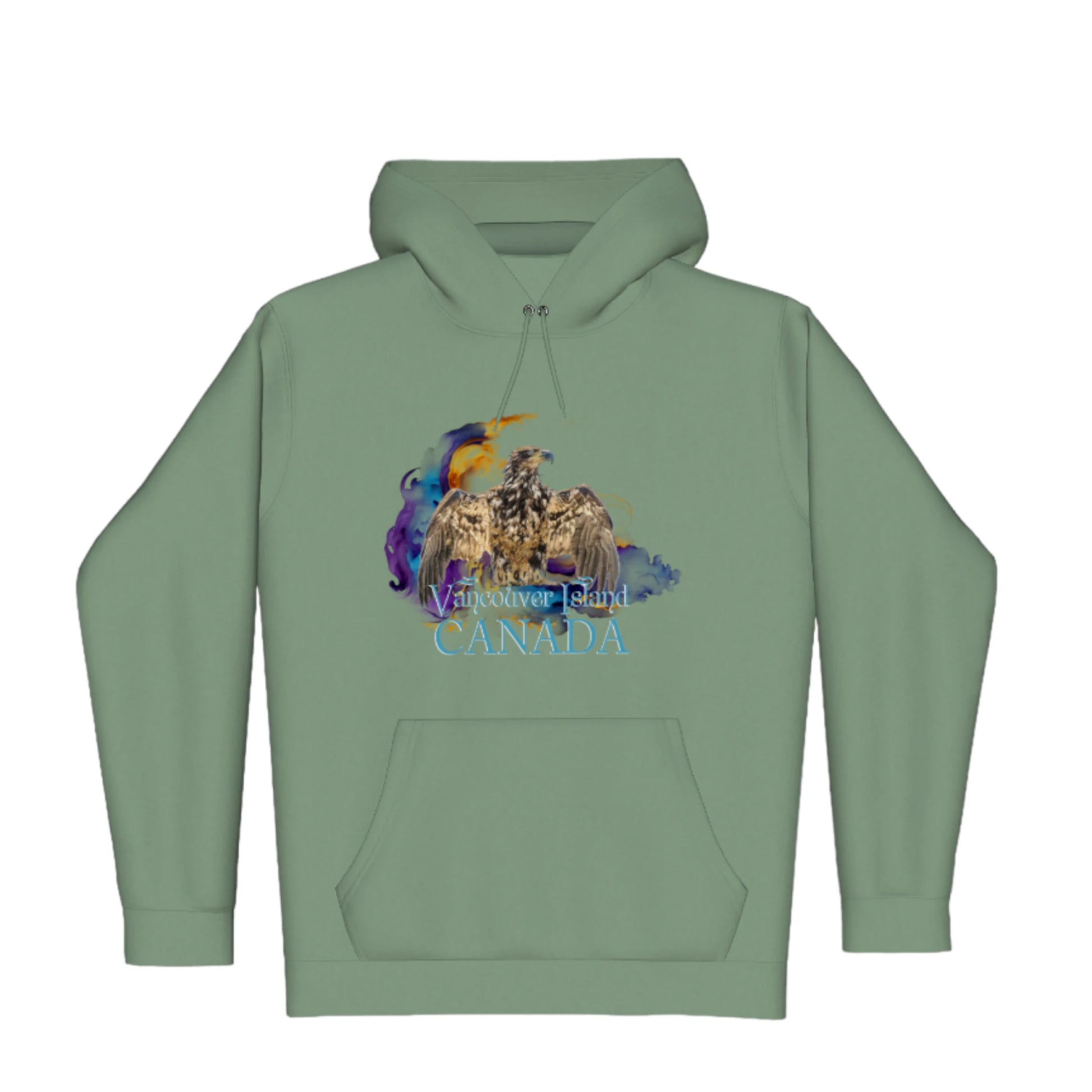 Thunderbird Vancouver Island Canada Premium Pullover Hoodie. The image is of a eagle in the thunderbird position with a colourful abstract background. The words read Vancouver Island Canada.