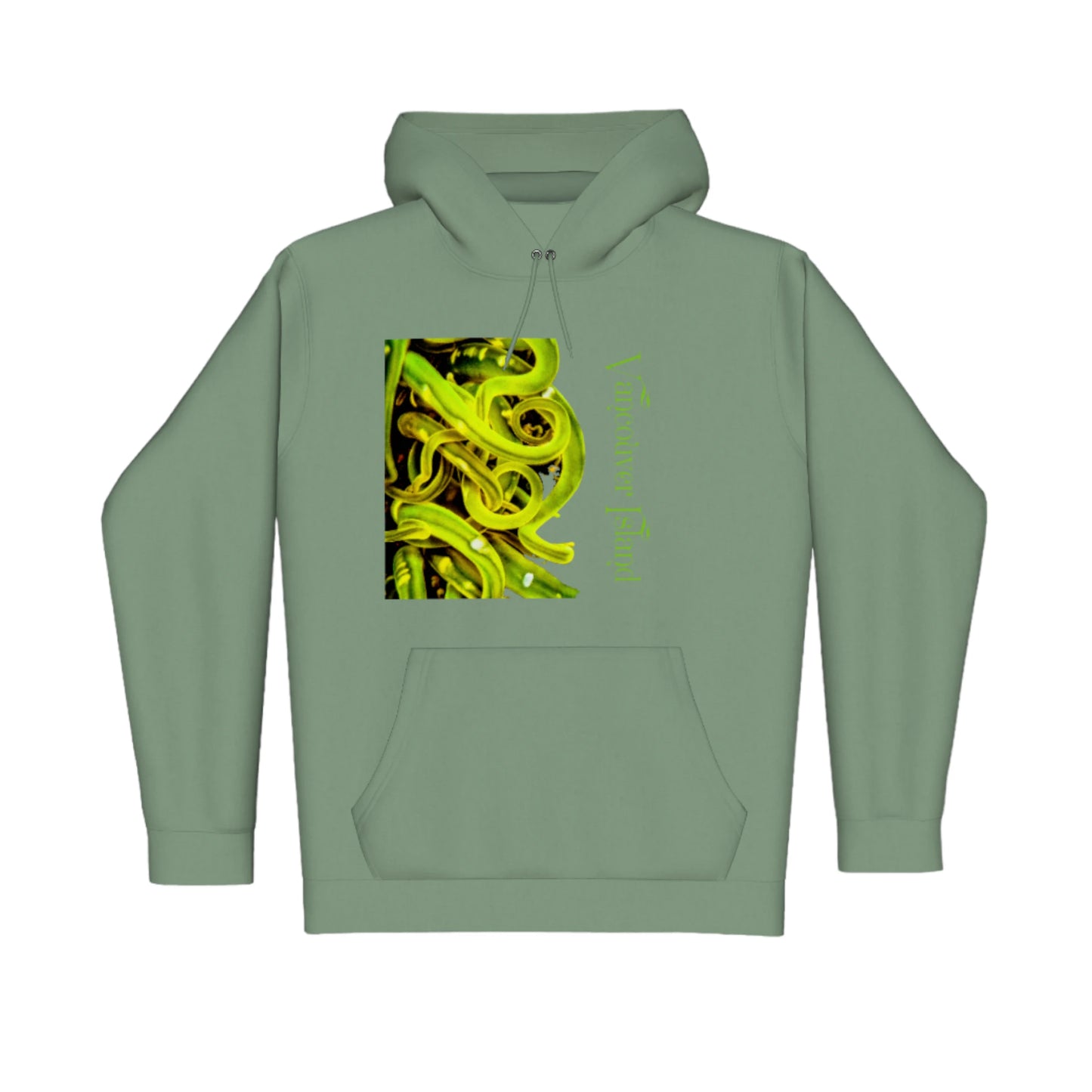 Vancouver Island Sea Anemone Premium Pullover Hoodie. The image is of a green sea anemone tentacles under water. The words are Vancouver Island.