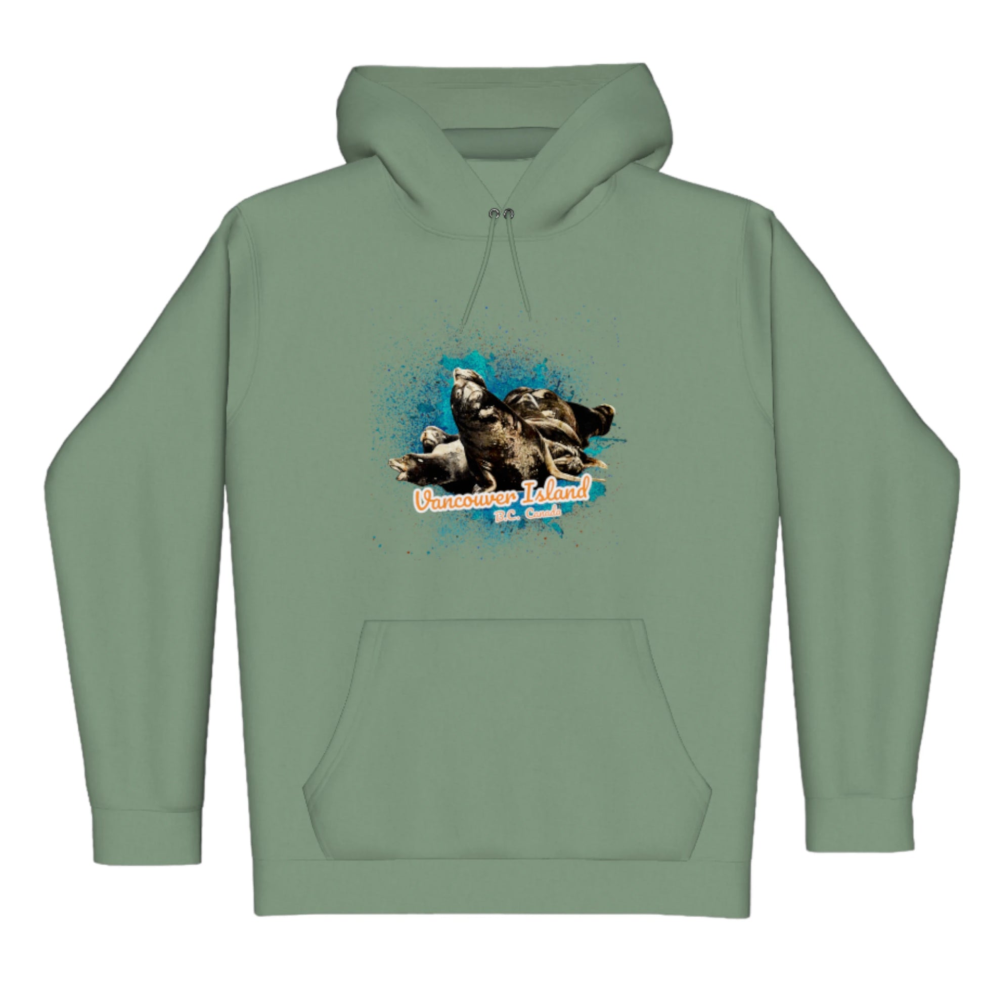 What's Up Sea Lions Vancouver Island BC Canada Premium Pullover Hoodie. The image is of a  group of sea lions on a log raft. The words read Vancouver Island BC Canada.