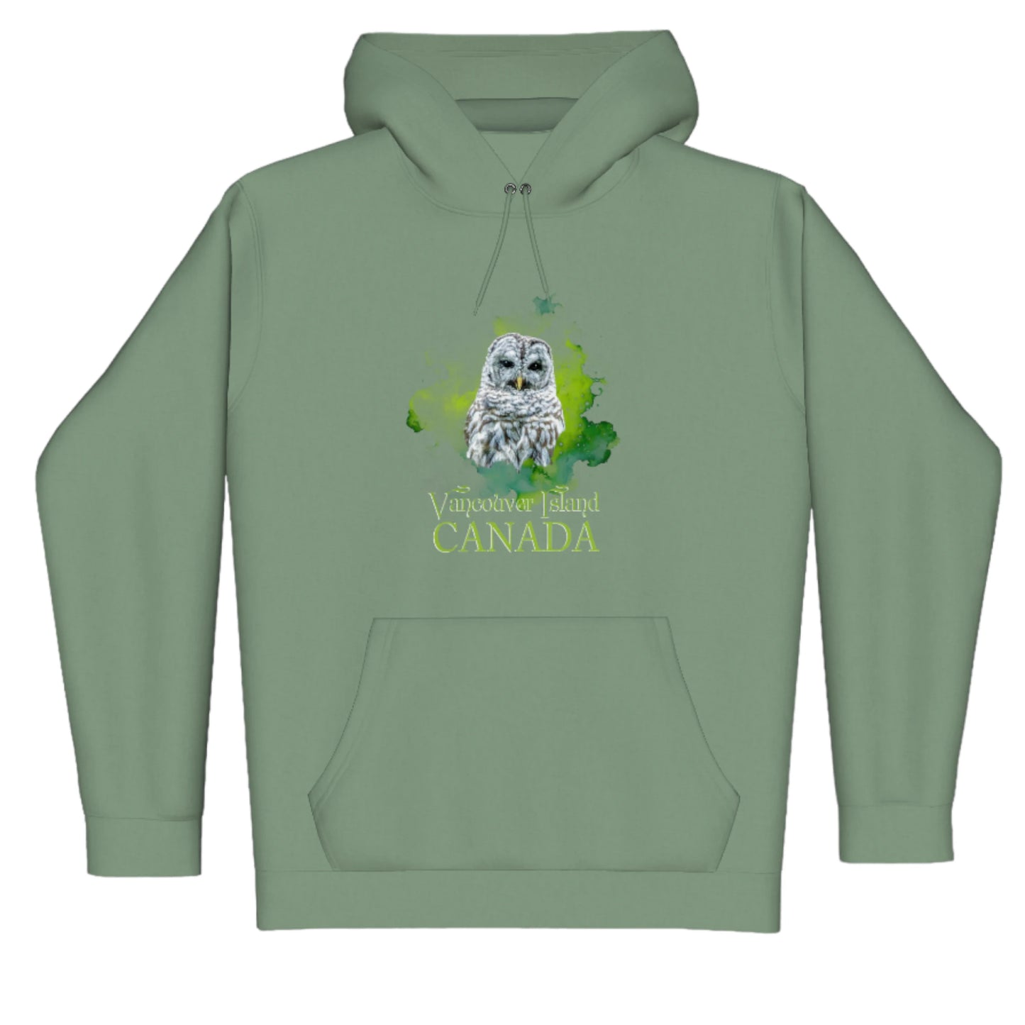 Wise Owl Vancouver Island Canada Premium Pullover Hoodie. The image is of a barred owl with a colourful green abstract background, The words read Vancouver Island Canada.