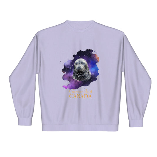 I Love Lucy Vancouver Island Canada Premium Crewneck Sweatshirt. The image is of a harbour seal with a colourful abstract background.