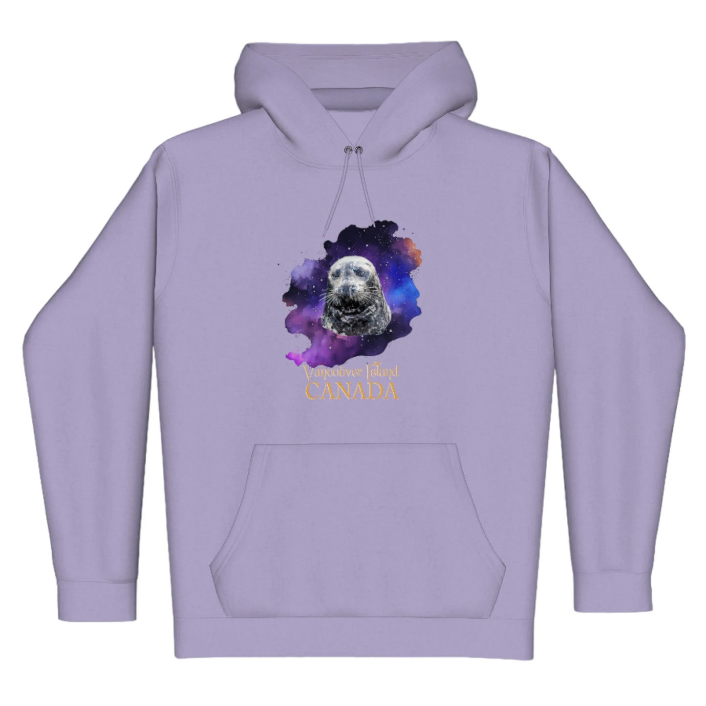 I Love Lucy Vancouver Island Canada Premium Pullover Hoodie. The image is of a harbour seal with a colourful abstract background.  The words read Vancouver Island Canada.