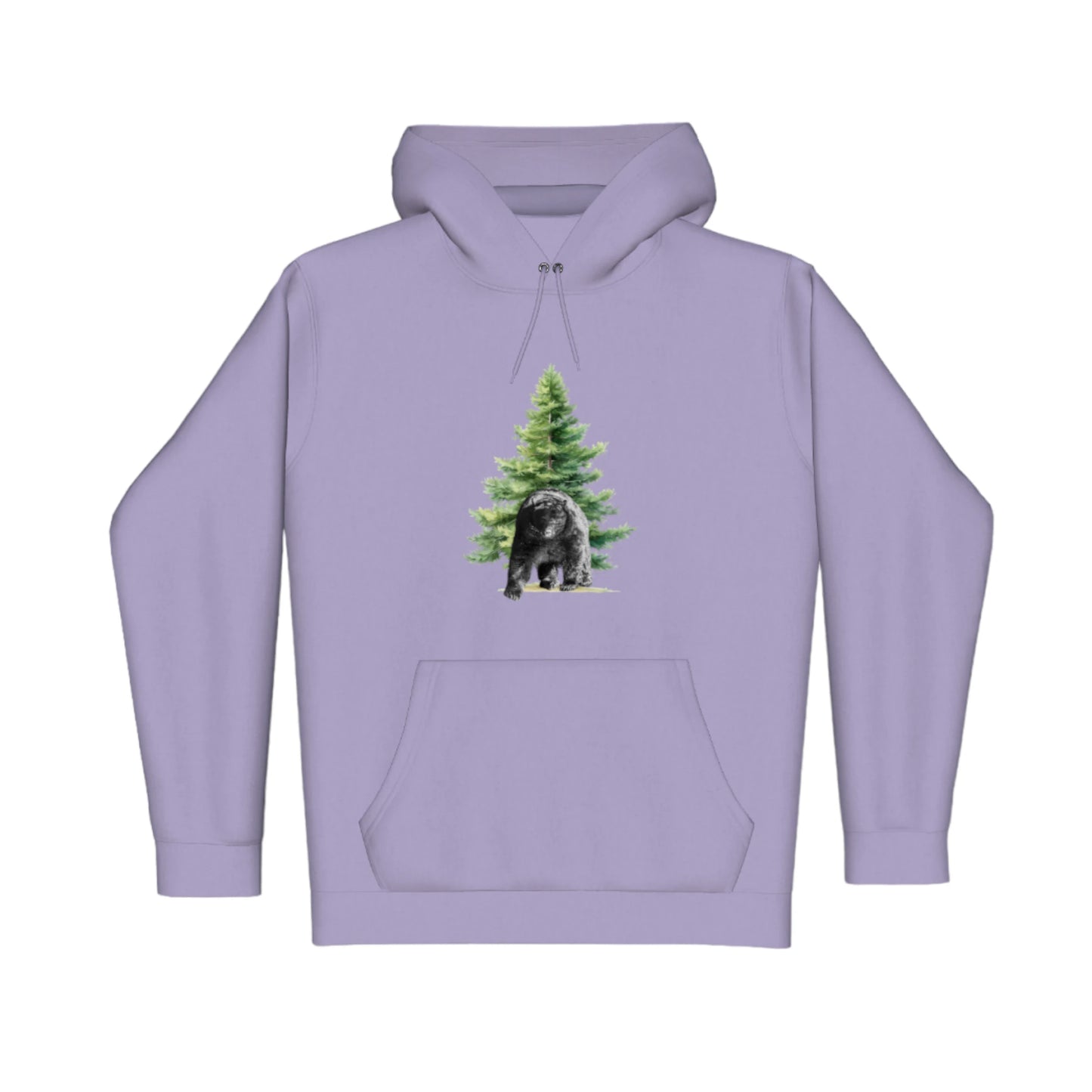 Observant Bear Premium Pullover Hoodie. the image is of a bear in front of tree.