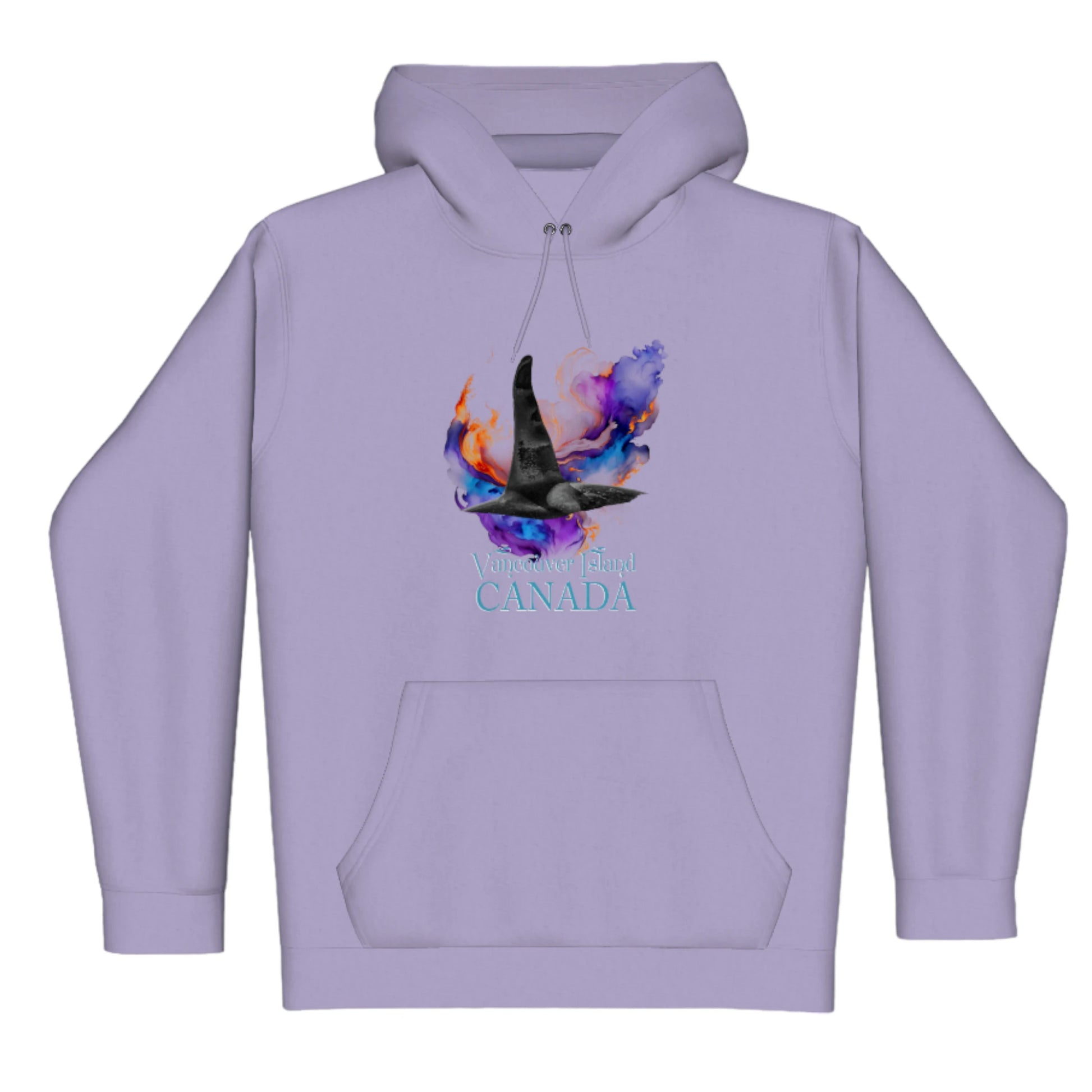 Orca Aura Vancouver Island Canada Premium Pullover Hoodie. The image is of male orca dorsal fin with a colourful abstract background.  The words read Vancouver Island Canada.