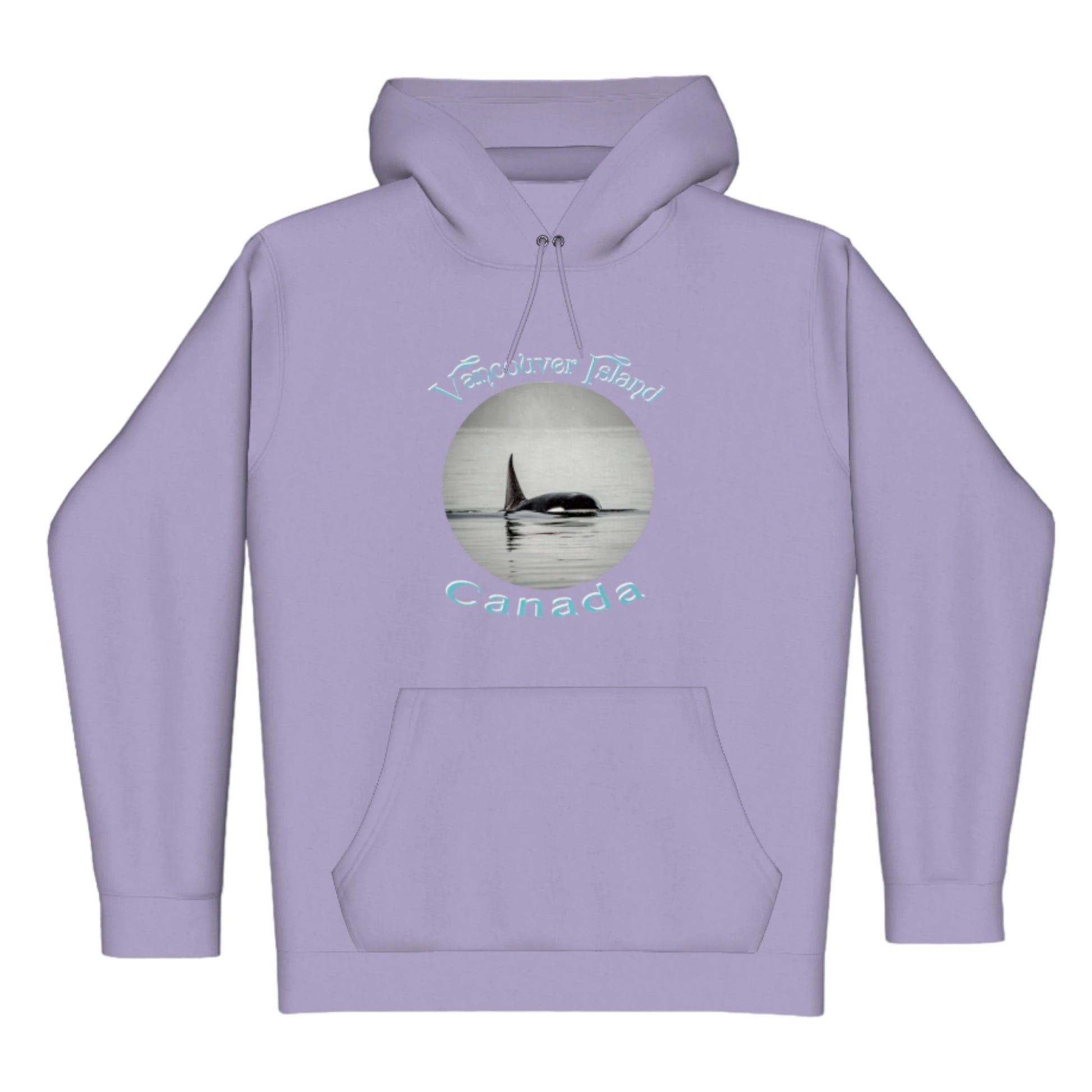 Orca Spray Vancouver Island Canada Premium Pullover Hoodie. The image is of a orca swimming in the Johnstone Strait. the words read Vancouver island Canada.