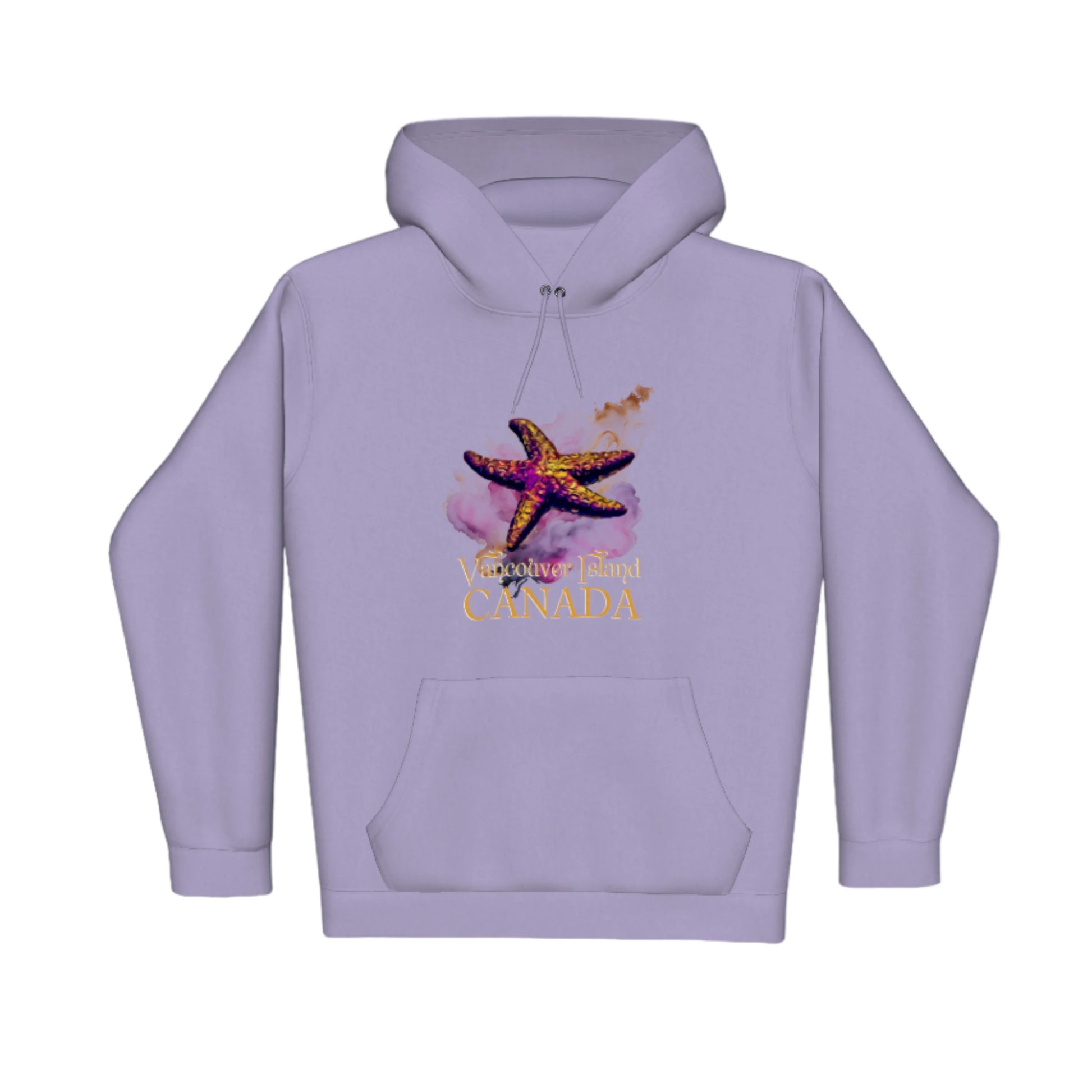 Star Track Vancouver Island Canada Premium Pullover Hoodie. The image is of a starfish with a colourful abstract background. The words read Vancouver Island Canada.