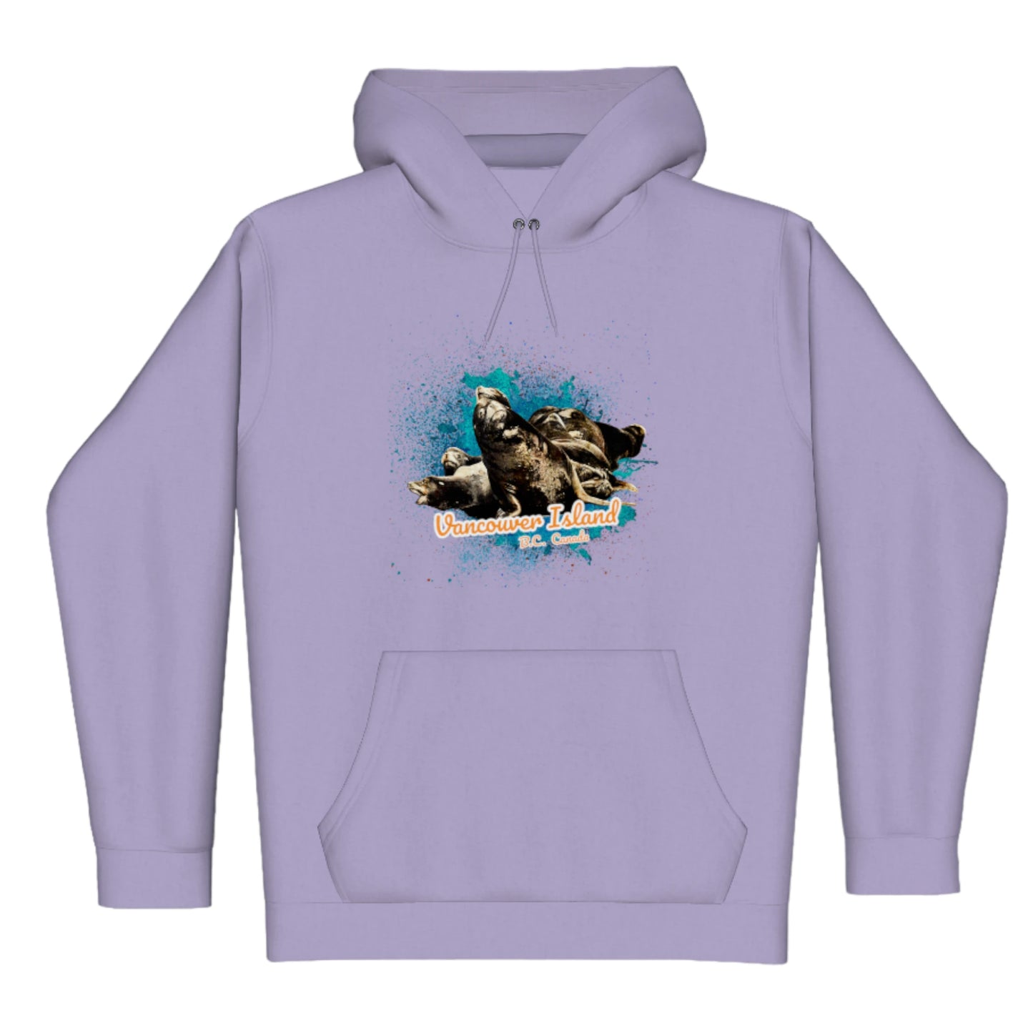 What's Up Sea Lions Vancouver Island BC Canada Premium Pullover Hoodie. The image is of a  group of sea lions on a log raft. The words read Vancouver Island BC Canada.