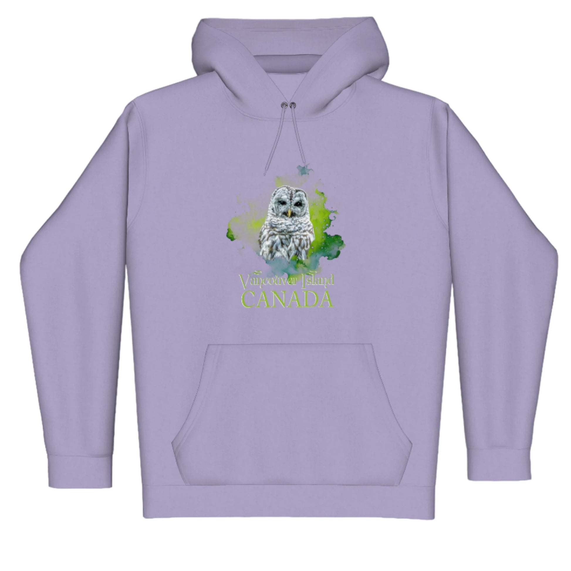 Wise Owl Vancouver Island Canada Premium Pullover Hoodie. The image is of a barred owl with a colourful green abstract background, The words read Vancouver Island Canada.