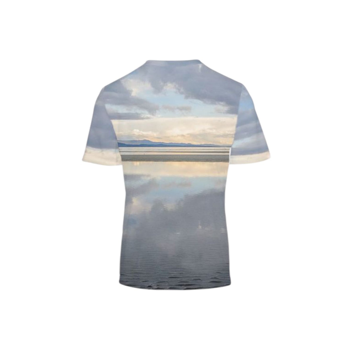 Back side of the All over print men's Vancouver Island T-shirt.  The image is of a early morning sunrise in Parksville over the beach.  