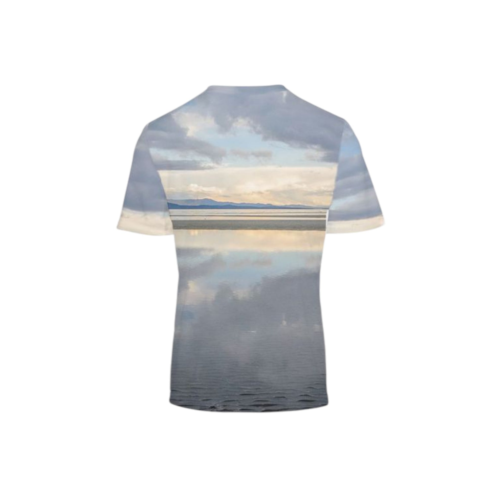 Back side of the All over print men's Vancouver Island T-shirt.  The image is of a early morning sunrise in Parksville over the beach.  