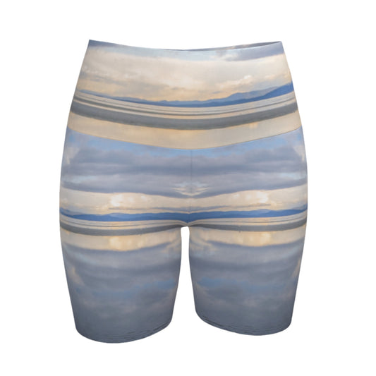 Light Language Parksville Beach yoga shorts.  All over printed with an image of the sunrise in the early summer morning on the beach.  The view is of the islands across from Vancouver island.