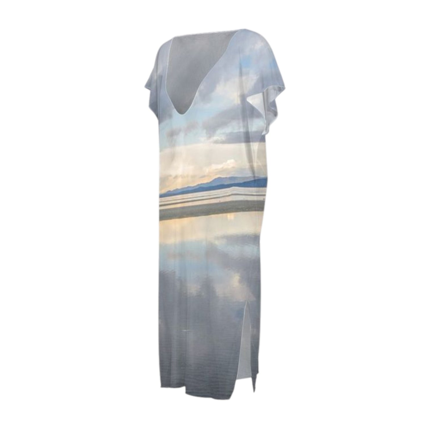 All over print beach dress featuring the early morning sunlight over the beach.