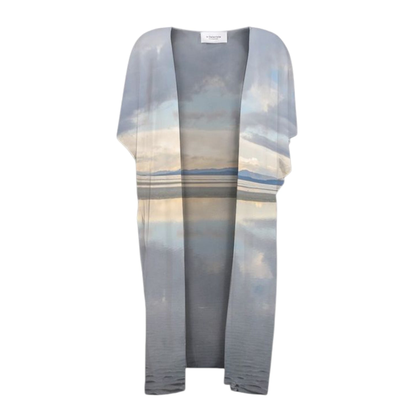 All over print short sleeve kimono wrap with the image of the Parksville Beach at low tide in the early morning.