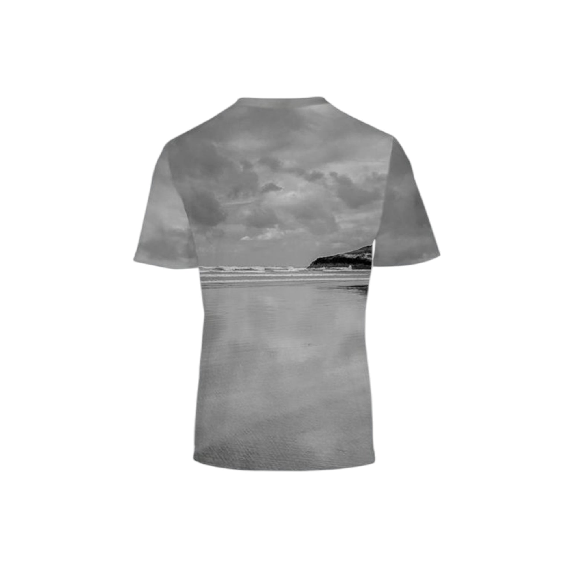 Back side of the All over printed men's t-shirt of Long Beach, Tofino Vancouver Island.