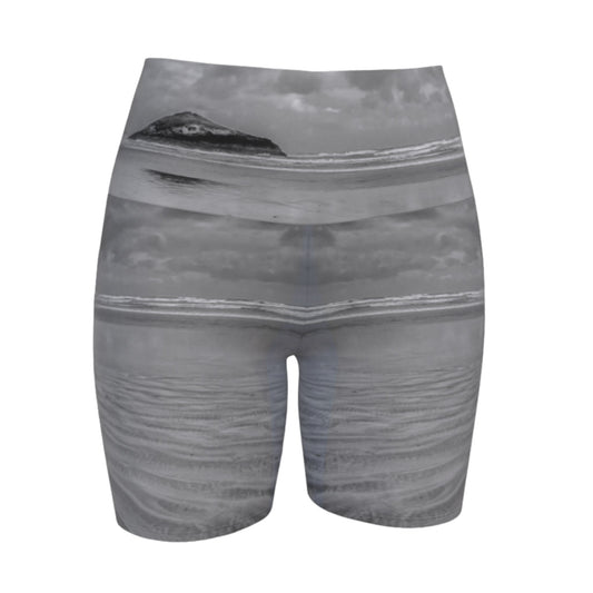 Long beach Tofino all over printed yoga shorts.  The image is of lovekin rock at long beach tofino. 