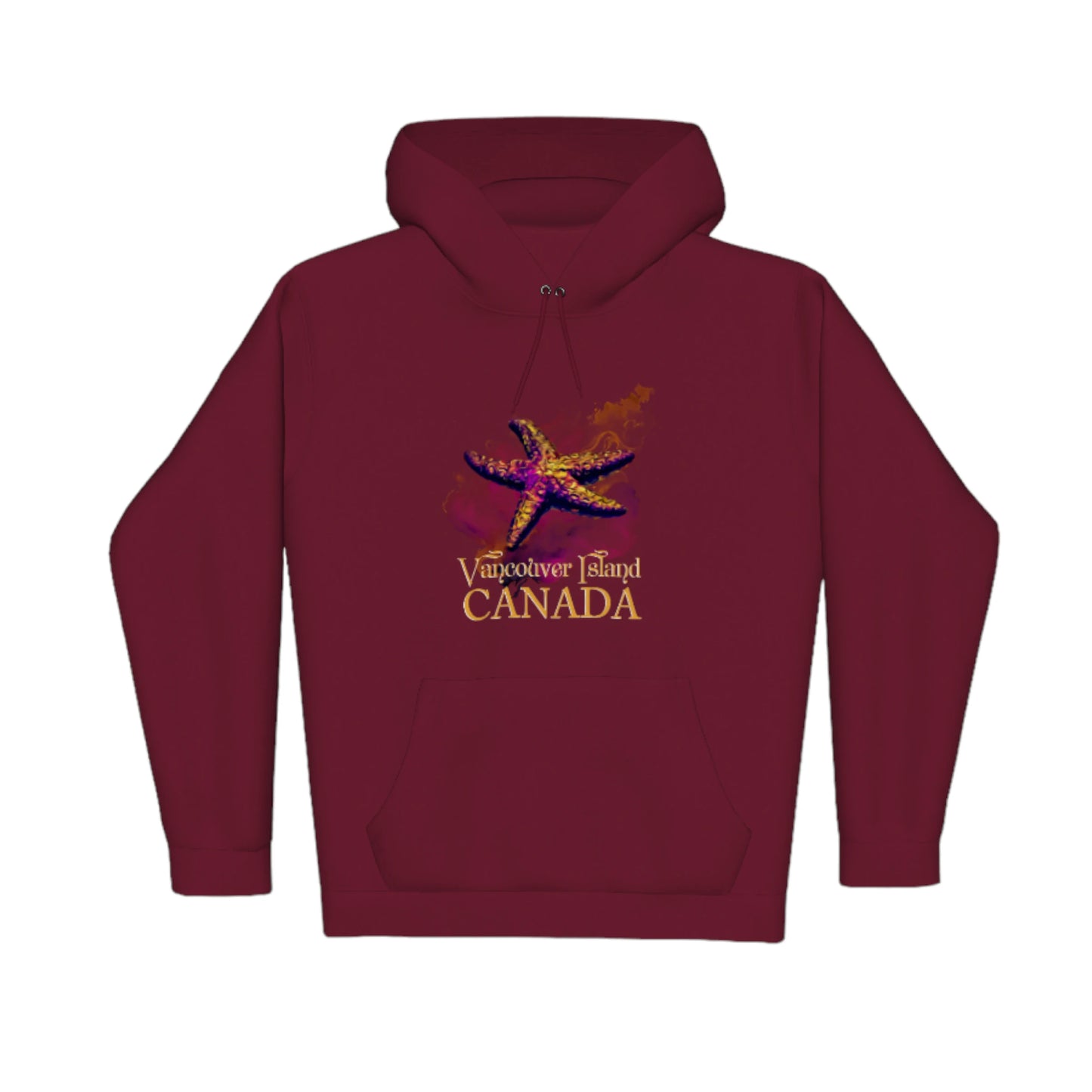 Star Track Vancouver Island Canada Premium Pullover Hoodie. The image is of a starfish with a colourful abstract background. The words read Vancouver Island Canada.