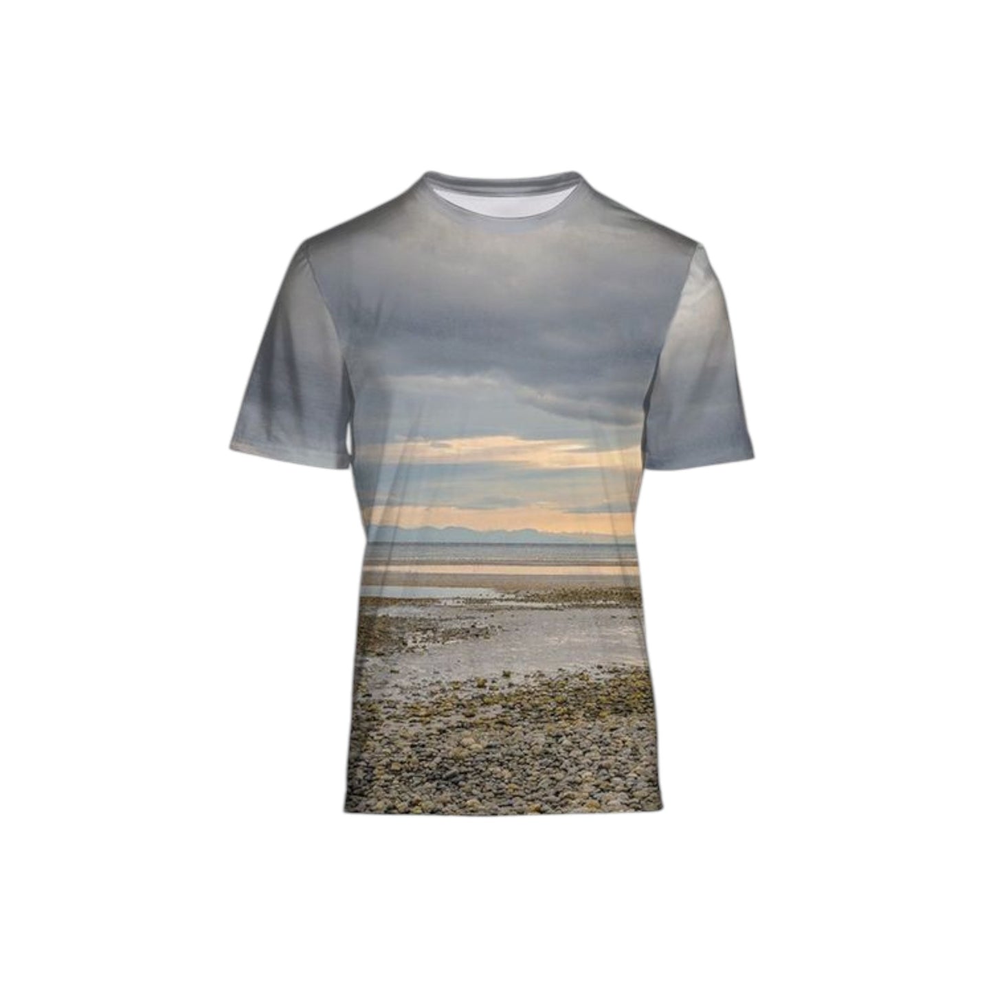 All over print men's Vancouver Island t-shirt of the sun setting over Miracle Beach.