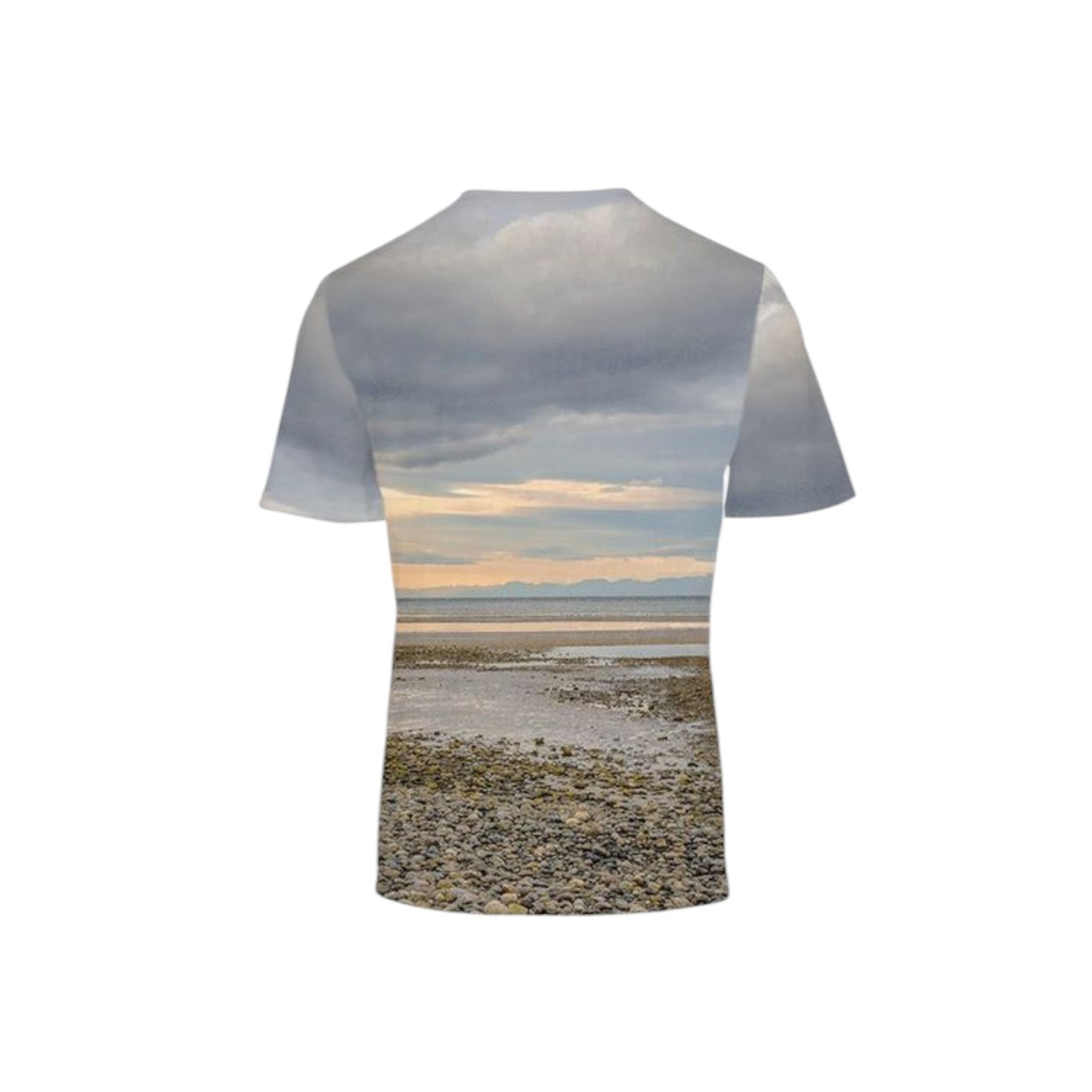 Back side of the All over print men's Vancouver Island t-shirt of the sun setting over Miracle Beach.