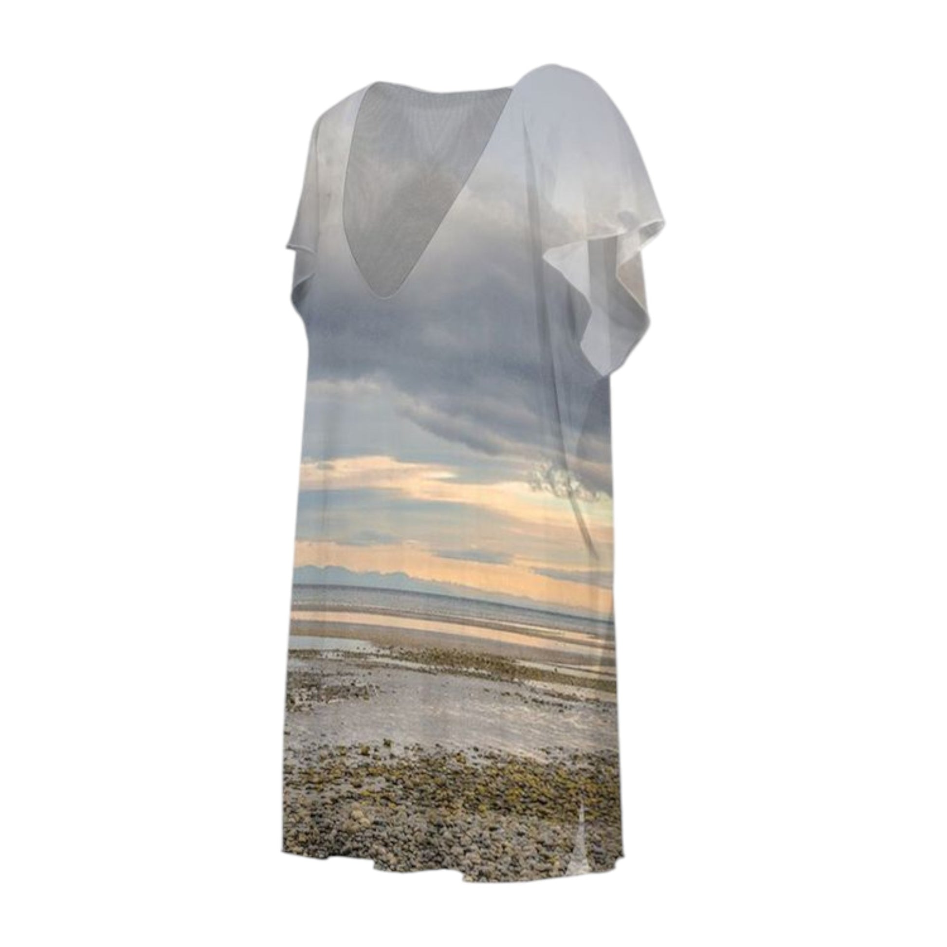 All over print beach dress with image of Miracle Beach at sunset on Vancouver Island.