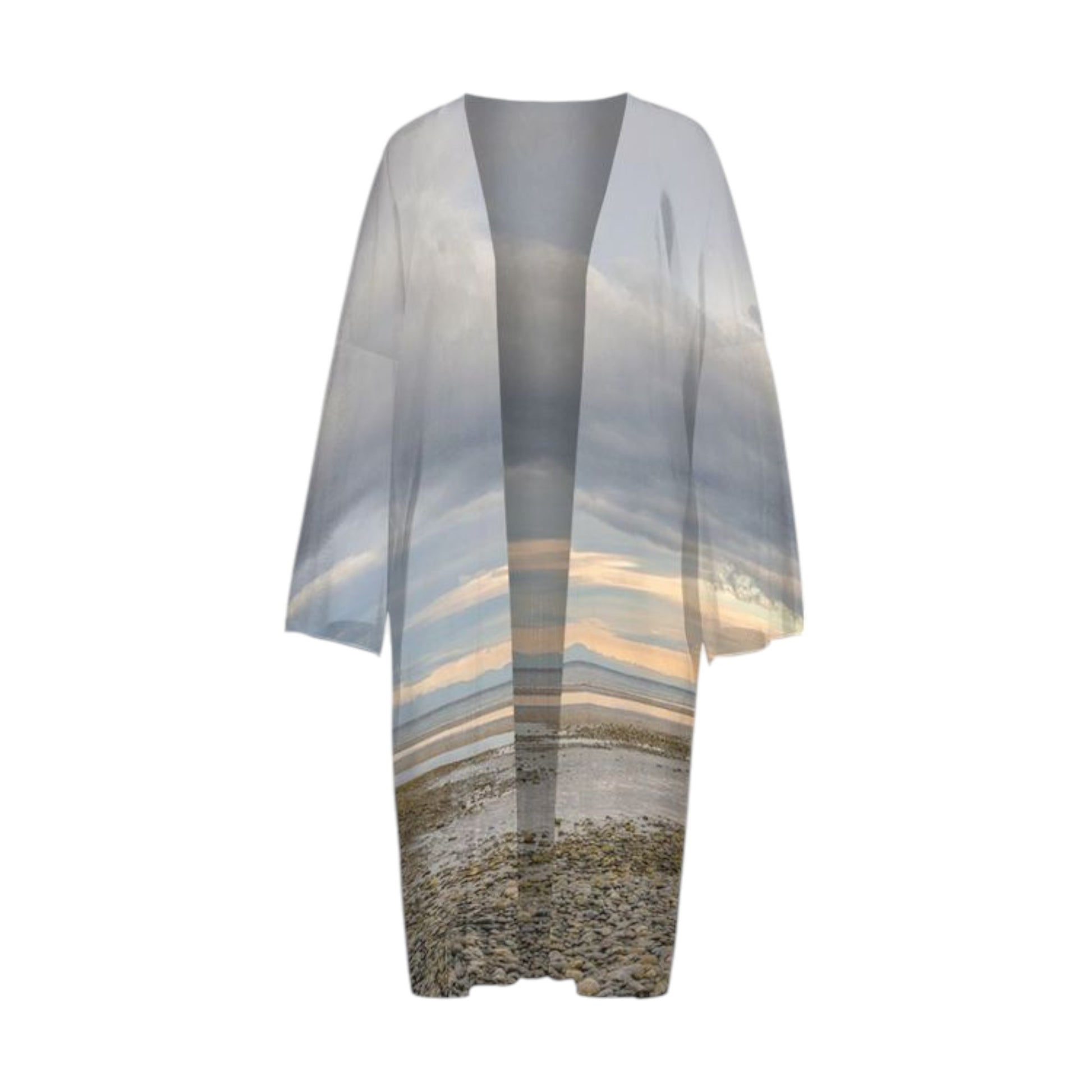 All over print long sleeve kimono featuring a image of Miracle Beach on Vancouver Island.